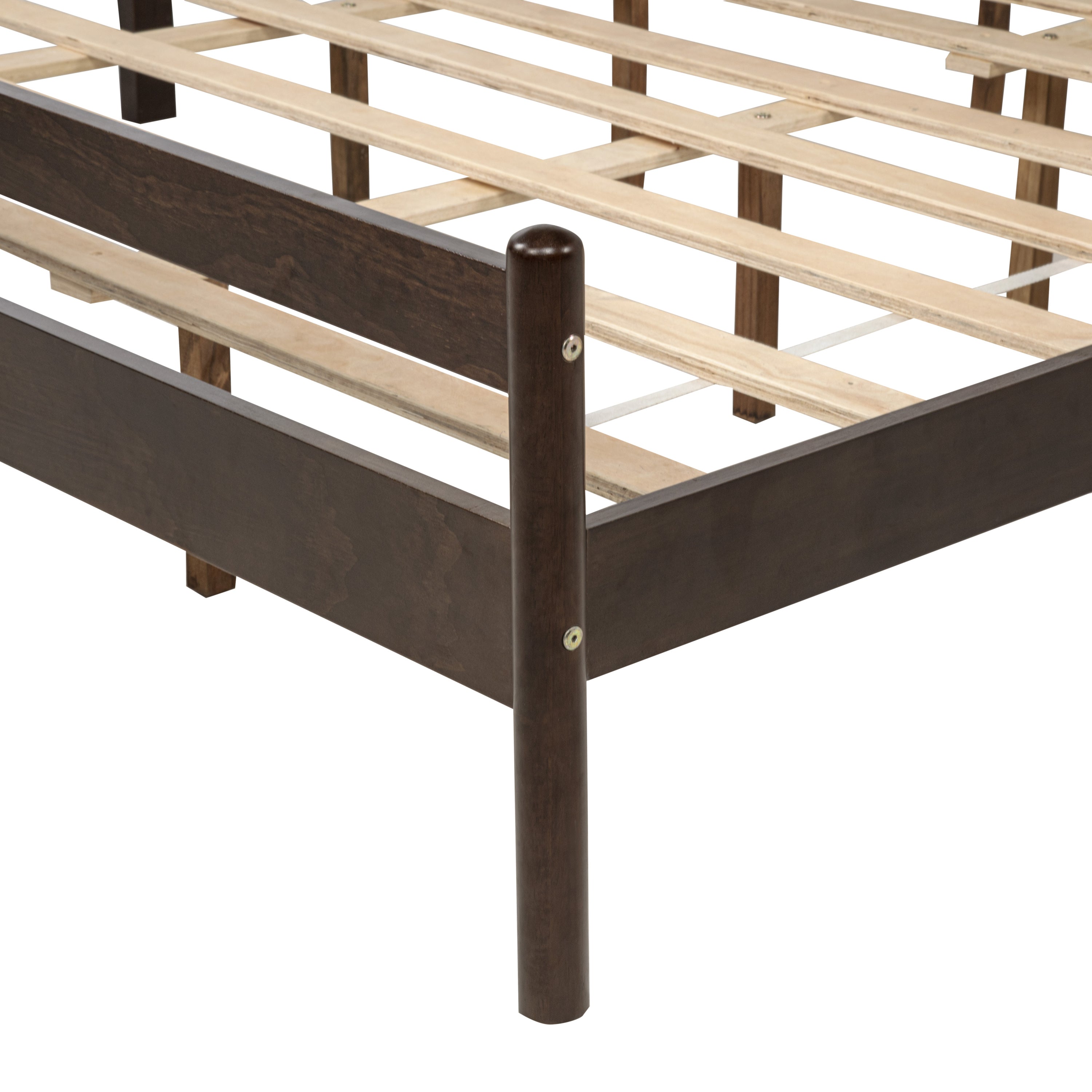 Rear angle of bare bed frame on white background