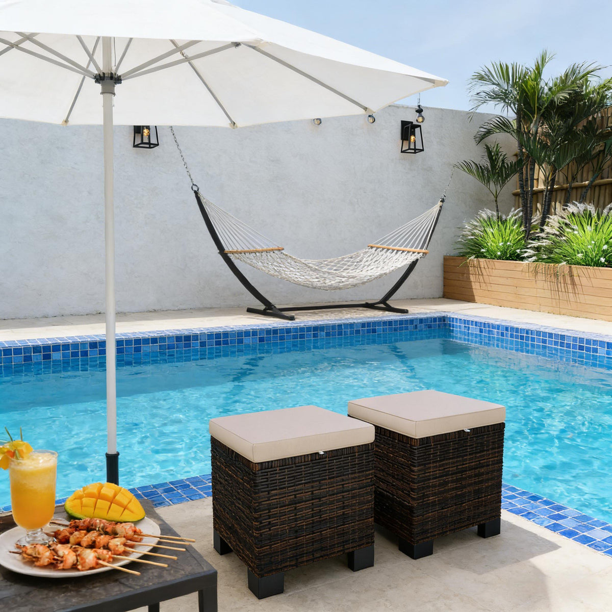 Brown Wicker Outdoor Ottoman, Set of 2