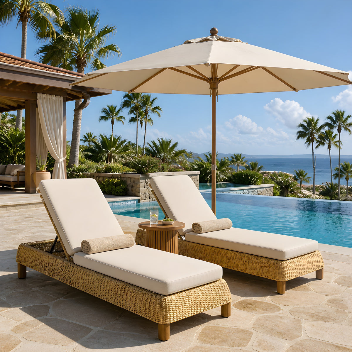 Natural Wicker Adjustable Outdoor Chaise Lounge with Cushions, Set of 2