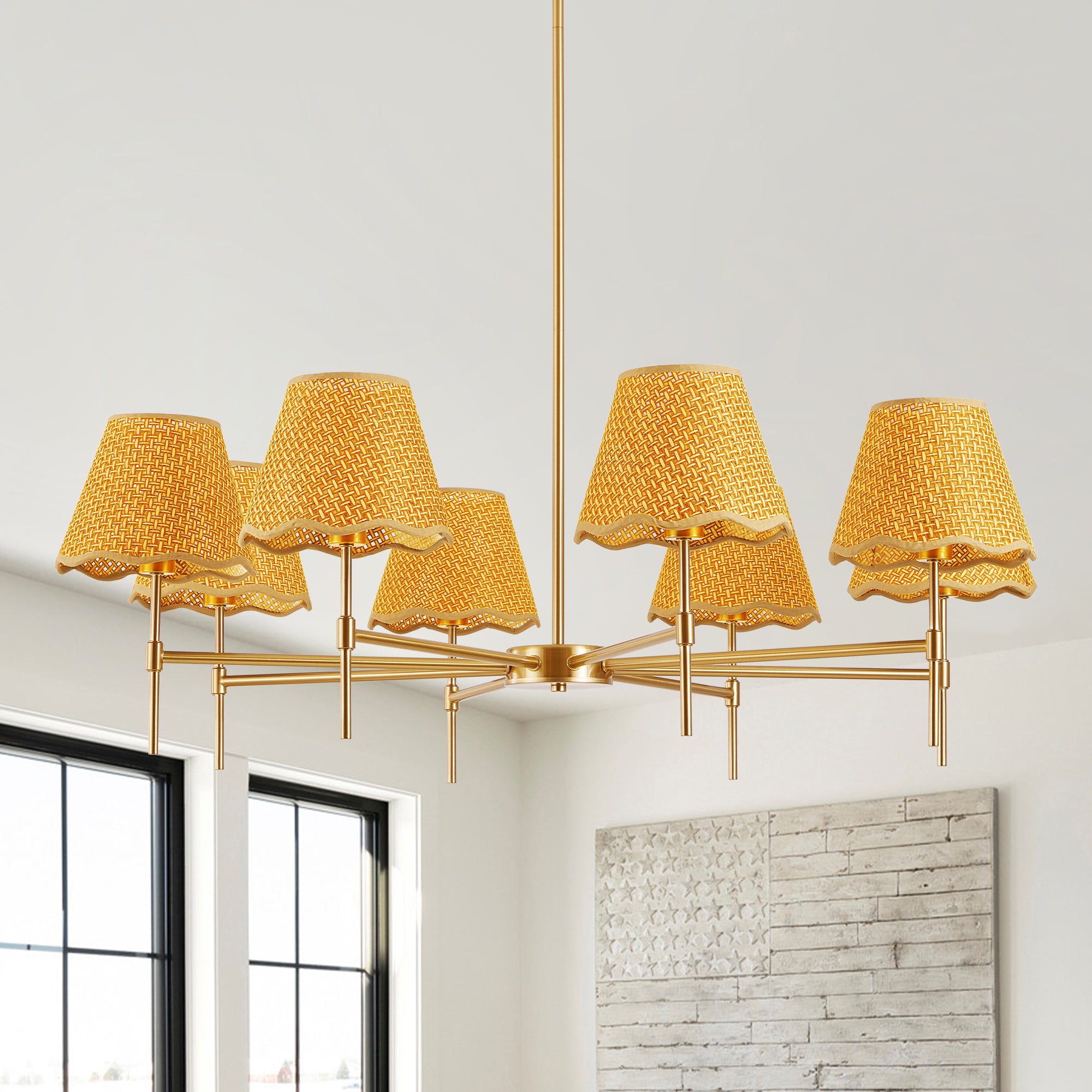 Chandelier, 8-Light Rattan Shade, Gold