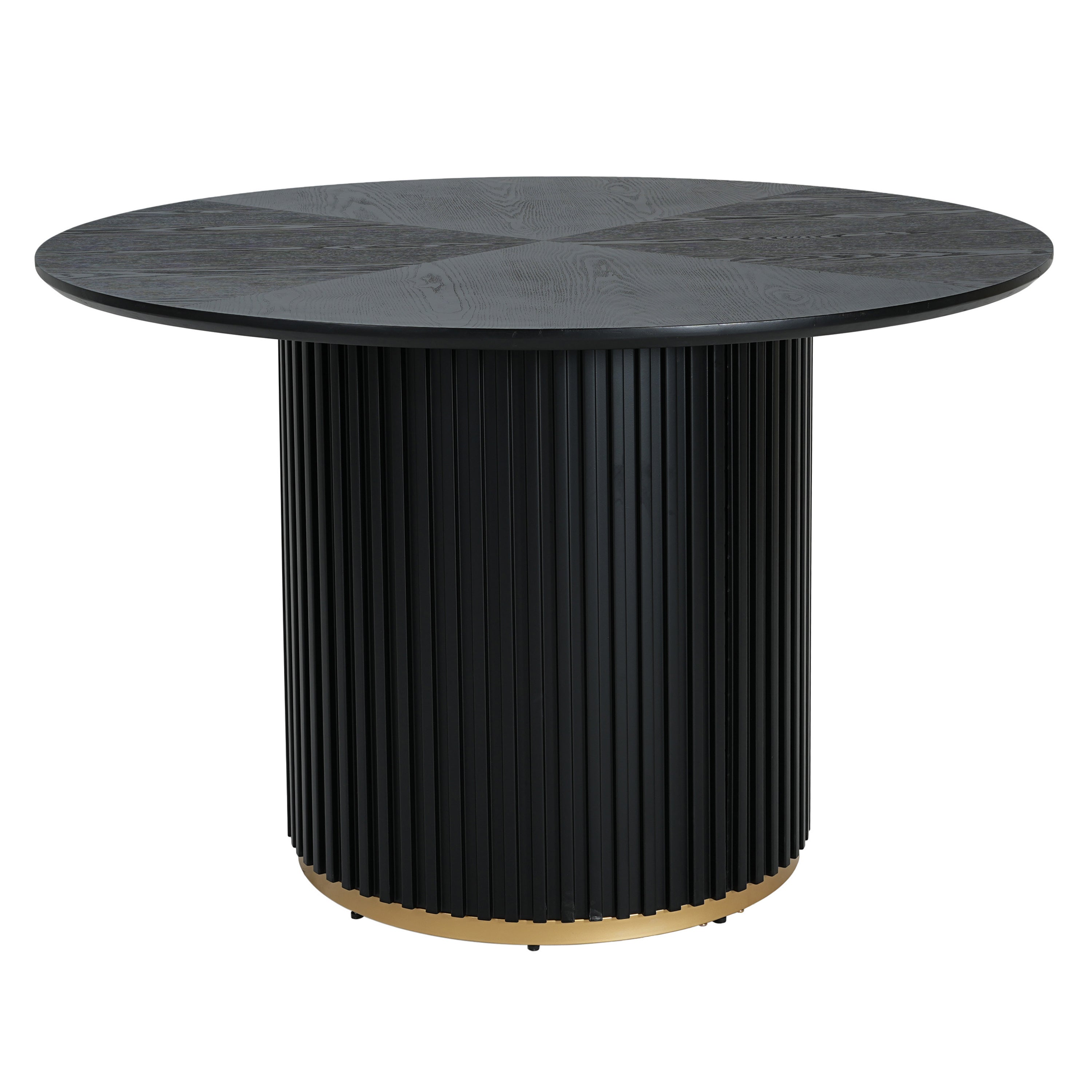 Front three-quarter studio view of the black round pedestal dining table