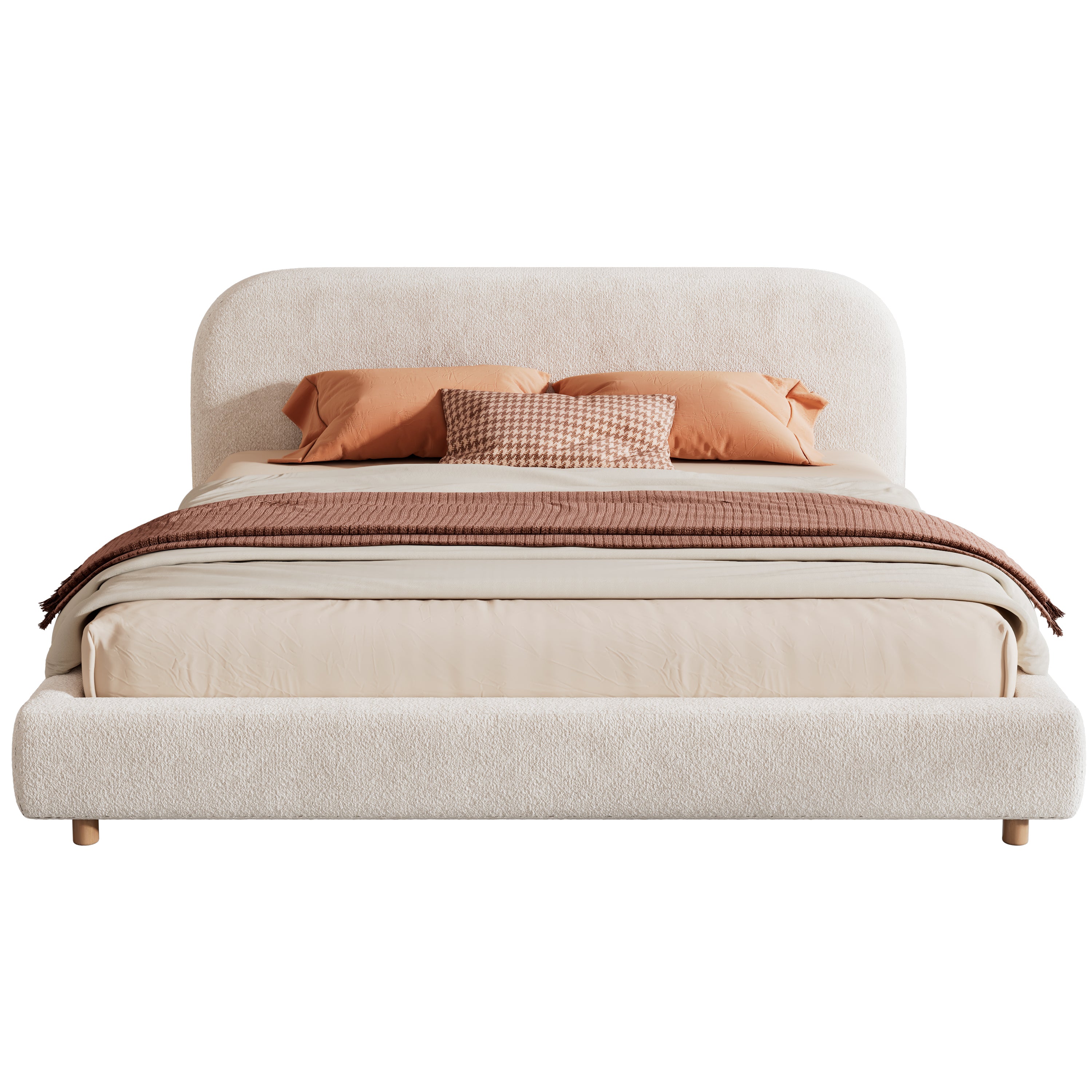 White boucle king platform bed, straight-on front view with bedding