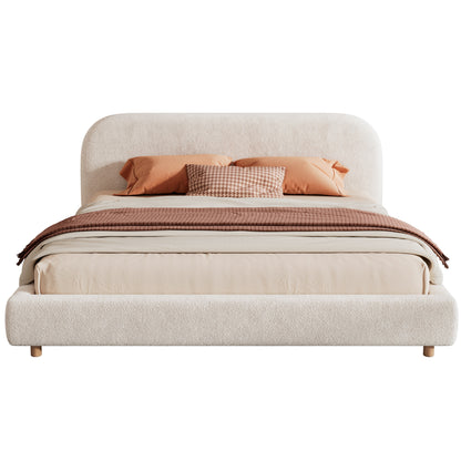 White boucle king platform bed, straight-on front view with bedding