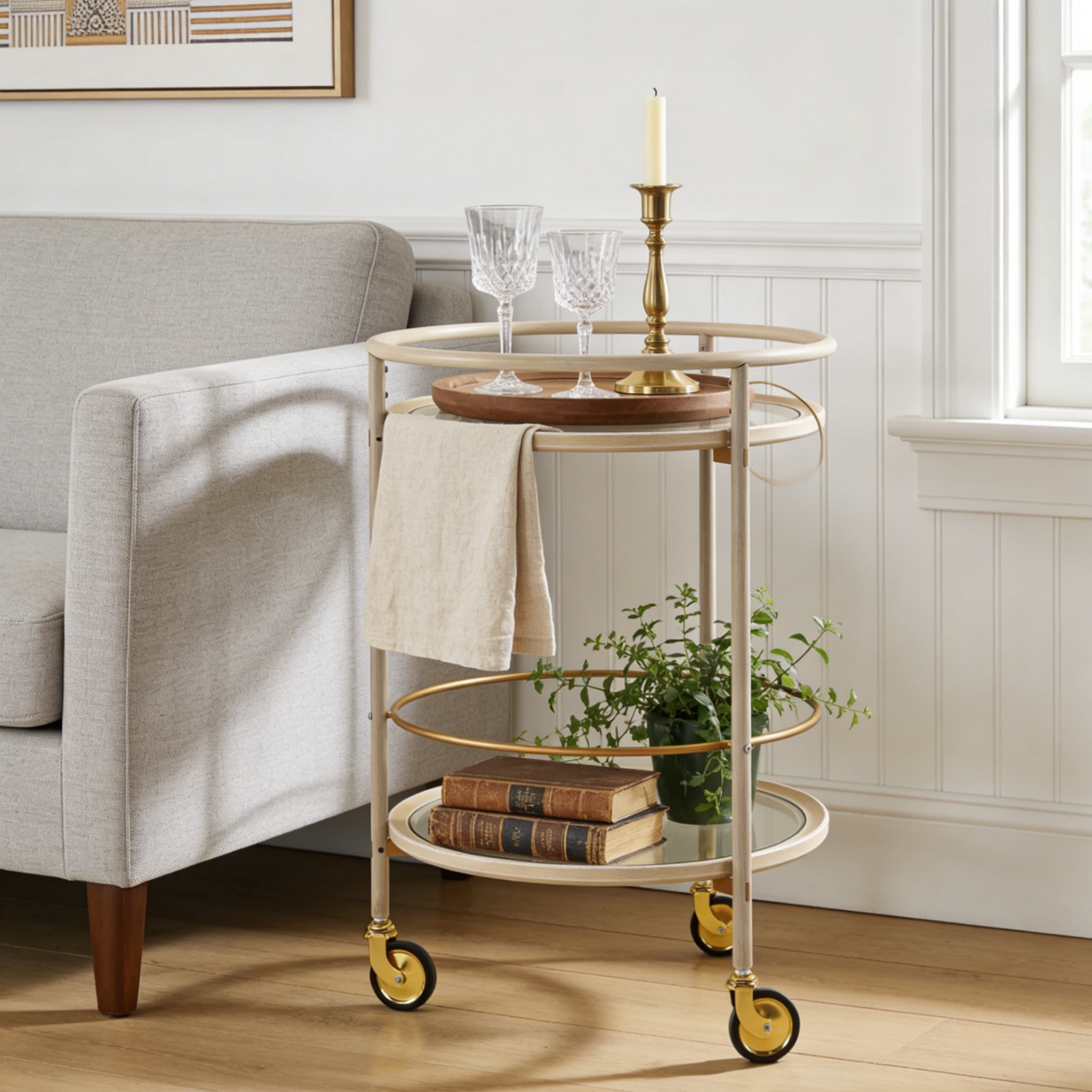 Round 2-Tier Bar Cart, Distressed White with Gold Casters