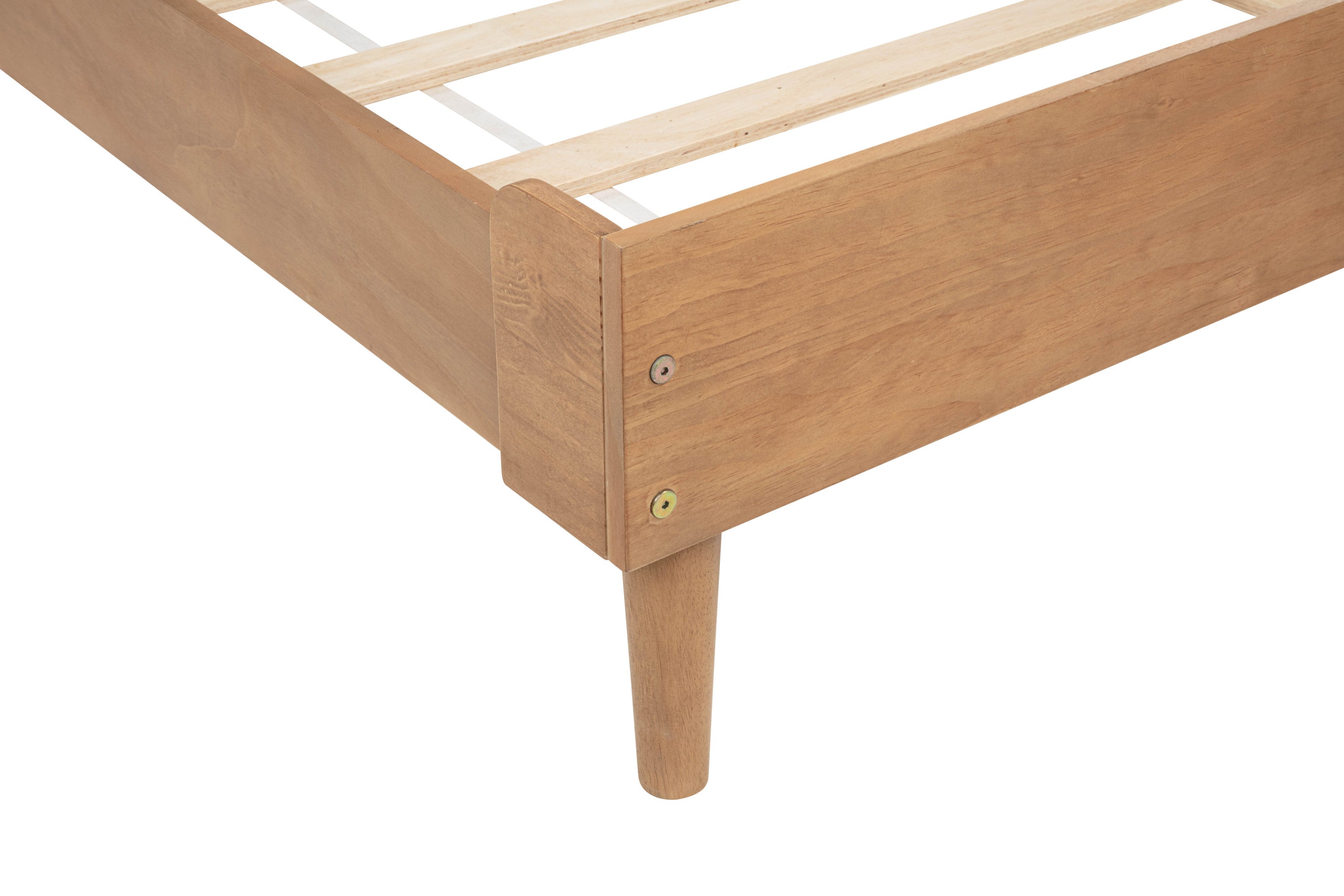 Corner detail of the wood platform frame, a screw-fixed rail and a tapered wood leg