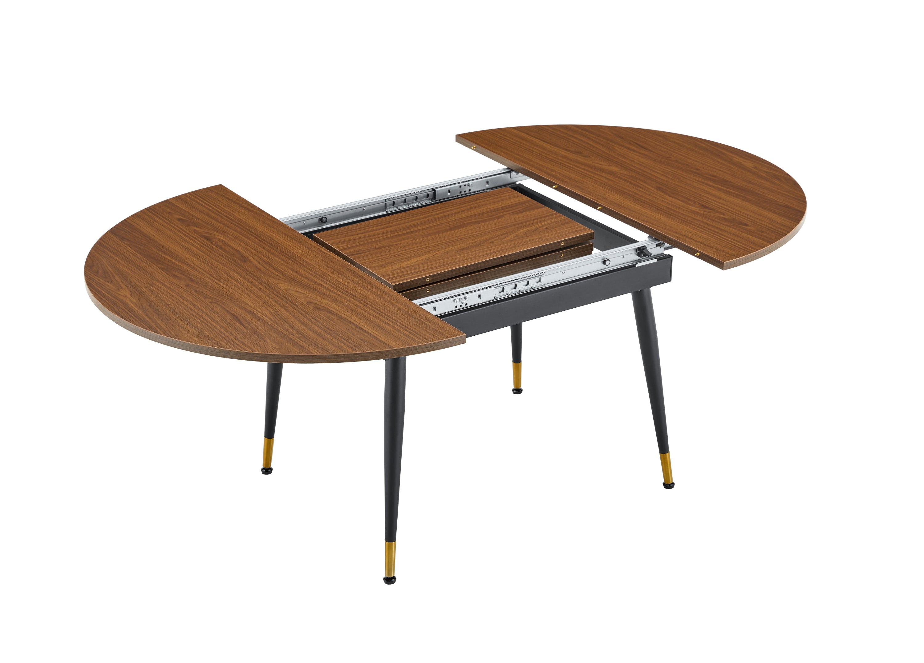 Front studio view of the closed round walnut table with tapered black legs