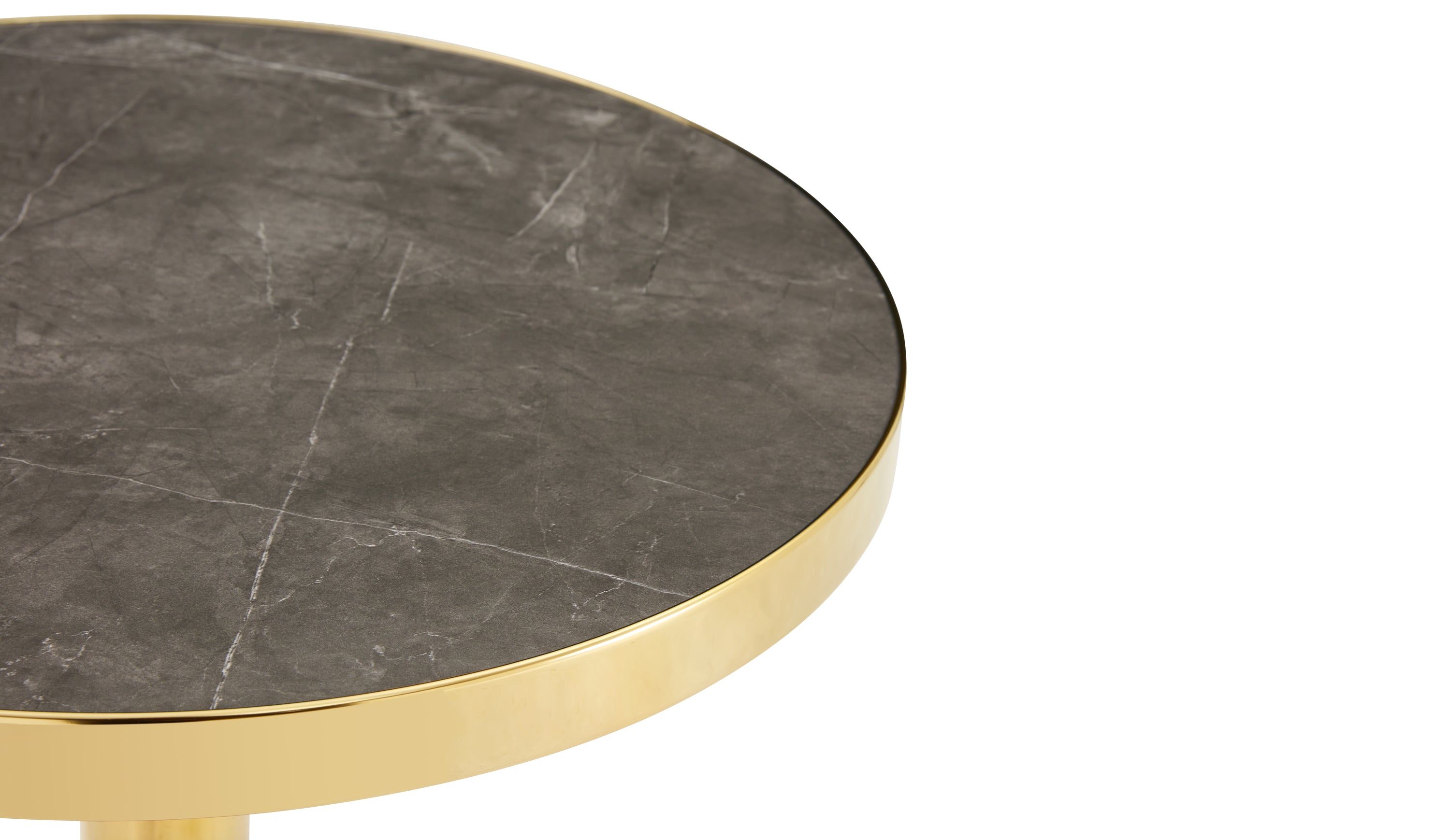 Close-up of the gray faux marble top and polished gold edge banding of the bistro table