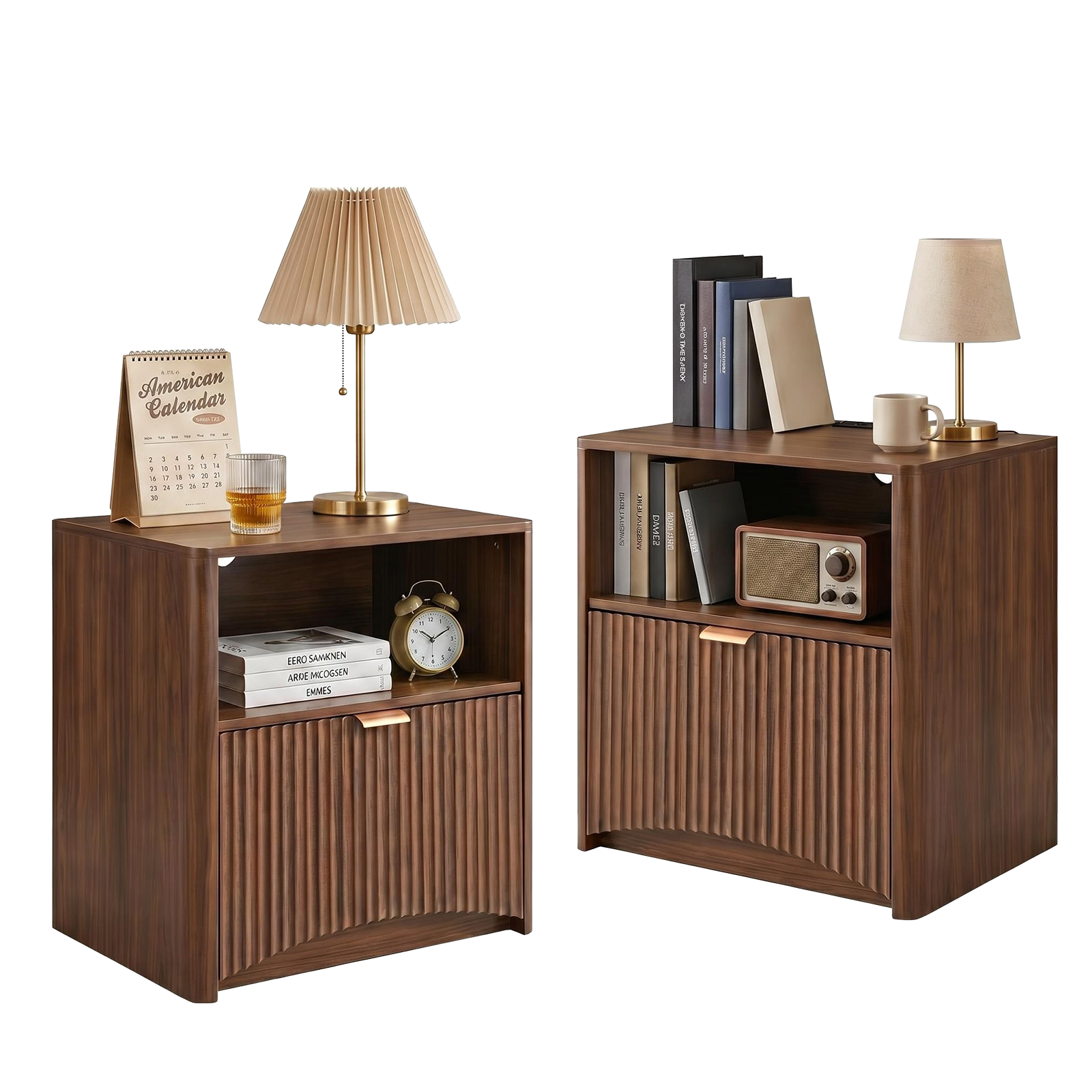 Fluted Walnut Nightstand Set of 2 with Charging Station