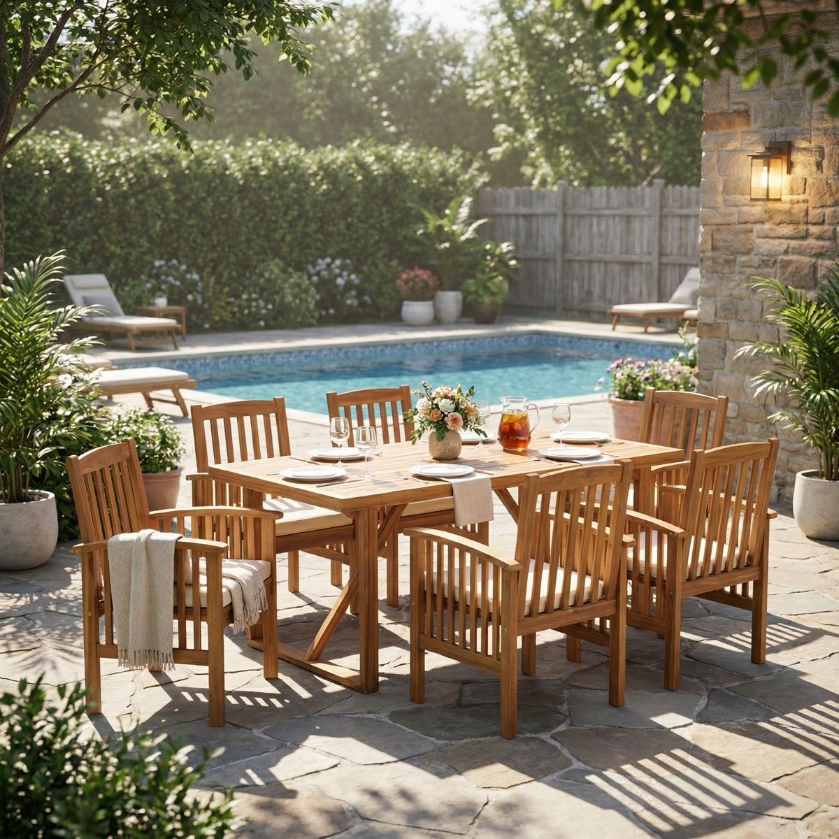Teak Finish Solid Wood 7-Piece Patio Dining Set for 6 with Cream Cushions