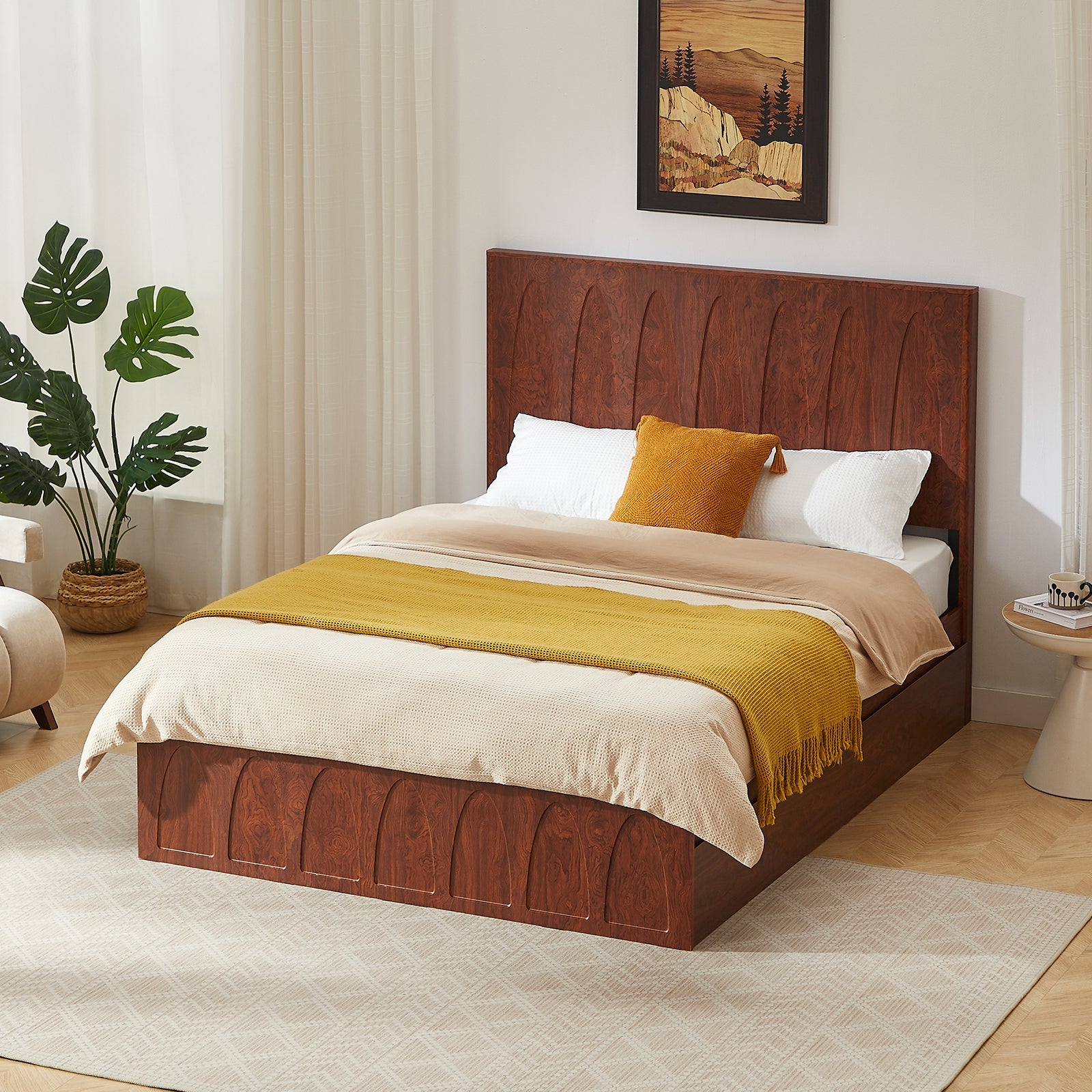 Angled dark reddish-brown burl wood queen bed in styled bedroom, drawers closed, plant and wall art #Color_Natural