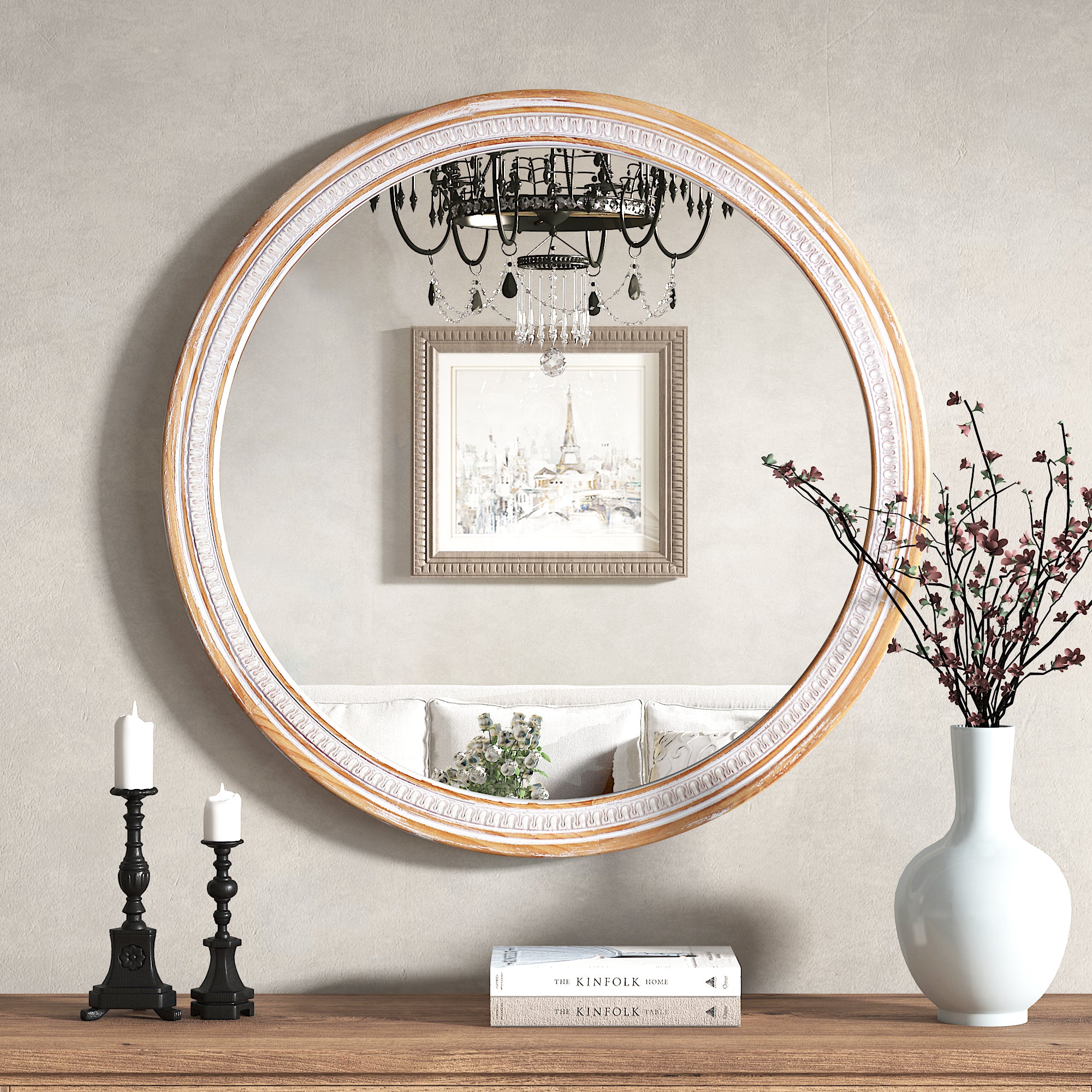 30 Inch Round Farmhouse Vanity Mirror, Antique White Wood
