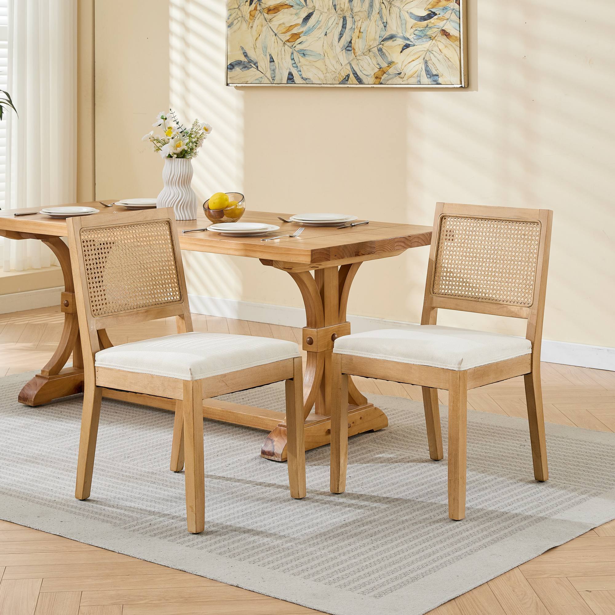 Rattan Cane-Back Dining Chairs Set of 2, Beige