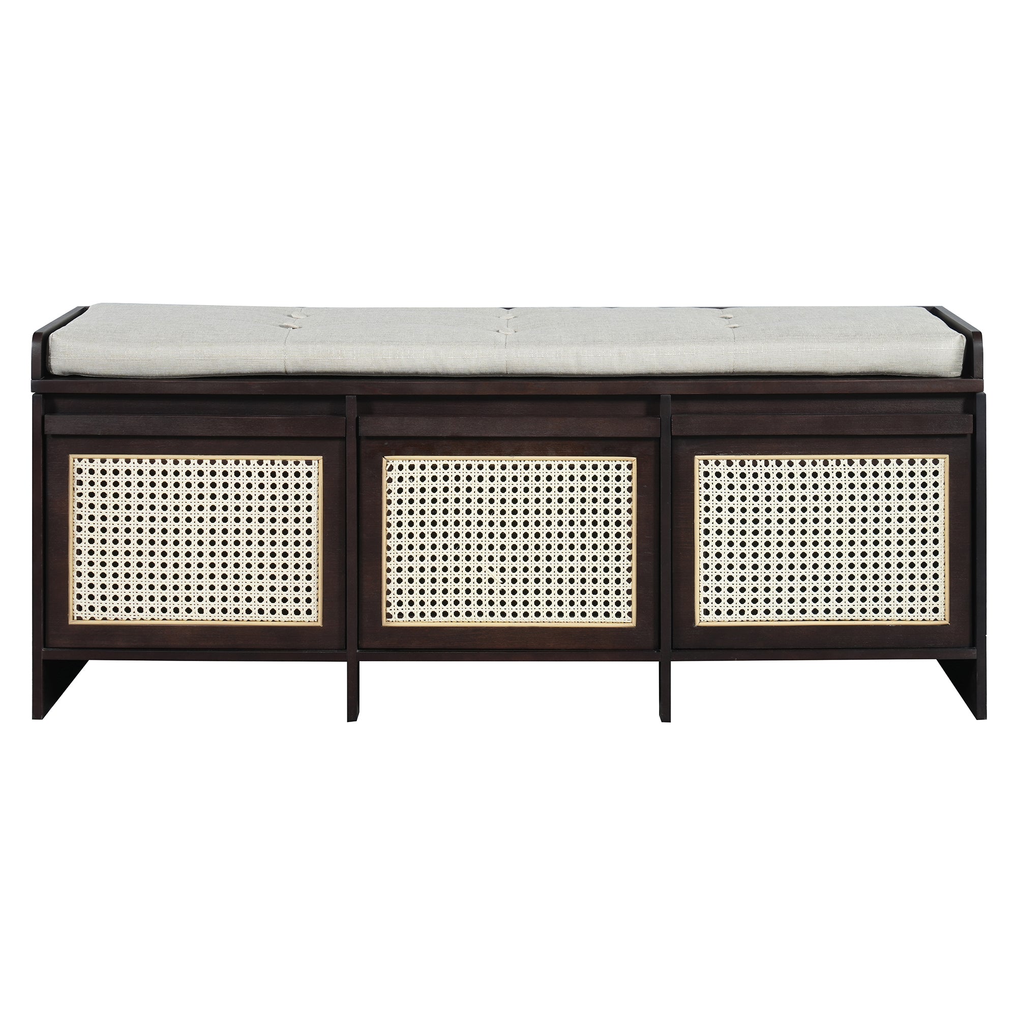 Retro Shoe Storage Bench, Espresso, 3 Rattan Drawers, 48 in