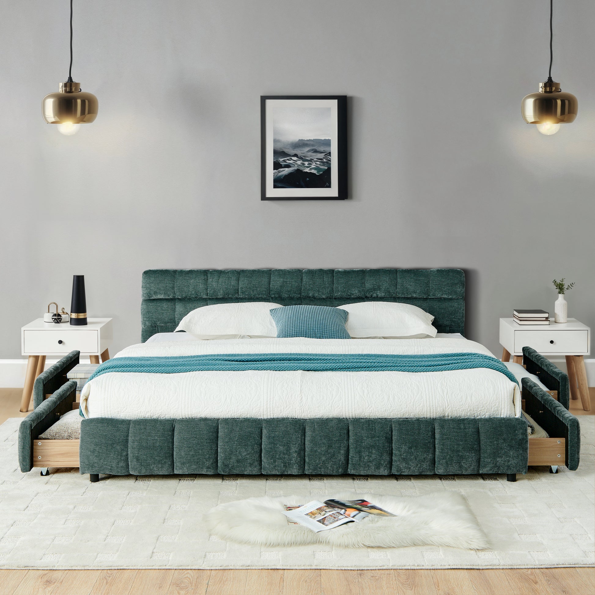 Front view of blue-green tufted chenille headboard and bed frame