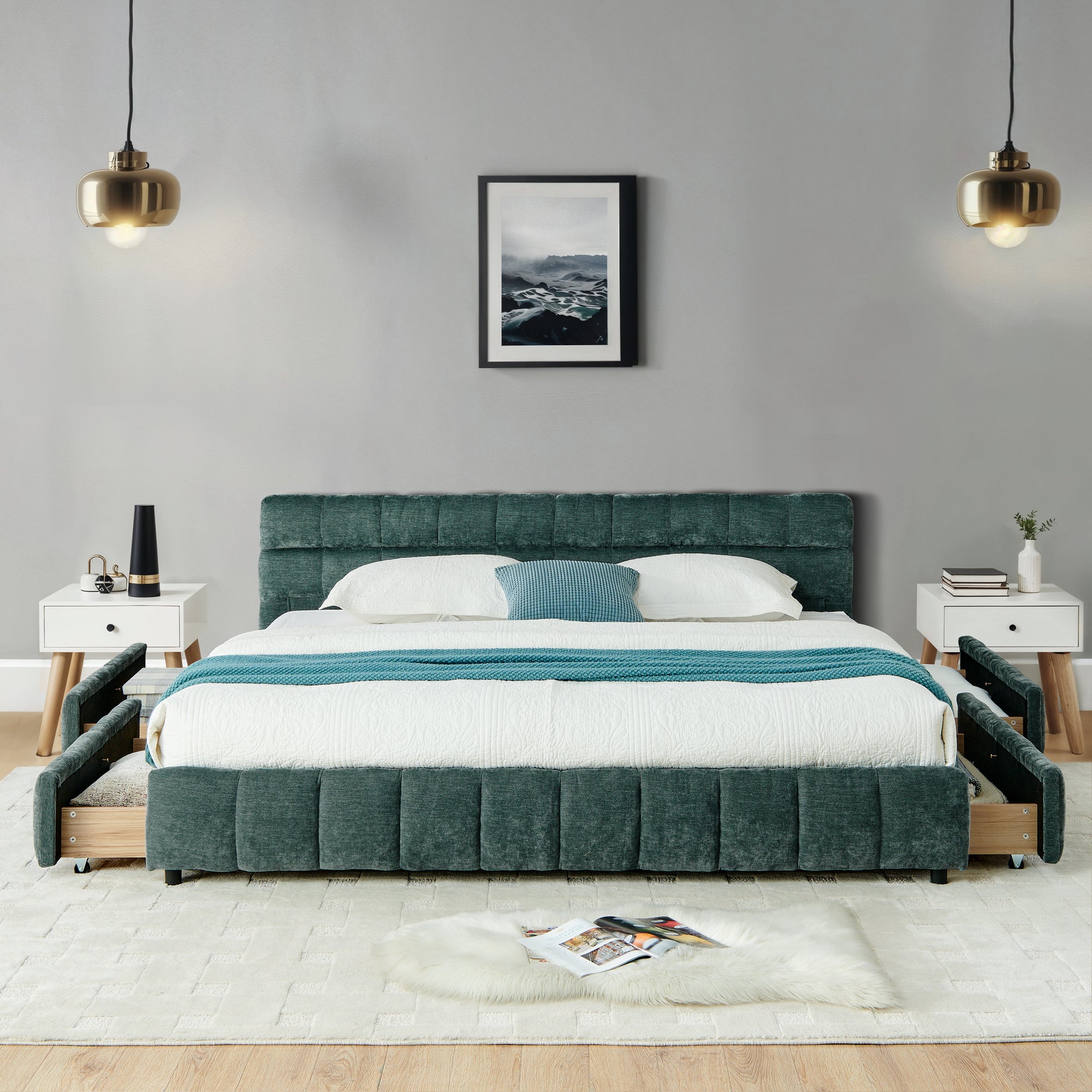 Front view of blue-green tufted chenille headboard and bed frame