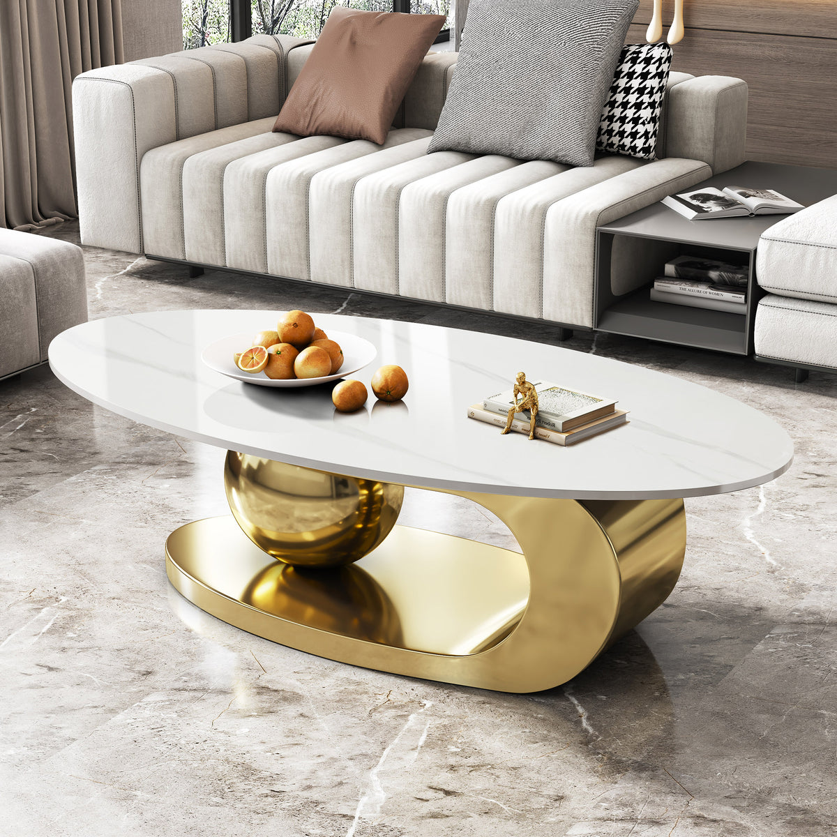Gold Oval Coffee Table, 49.2 in, Central Ball Base
