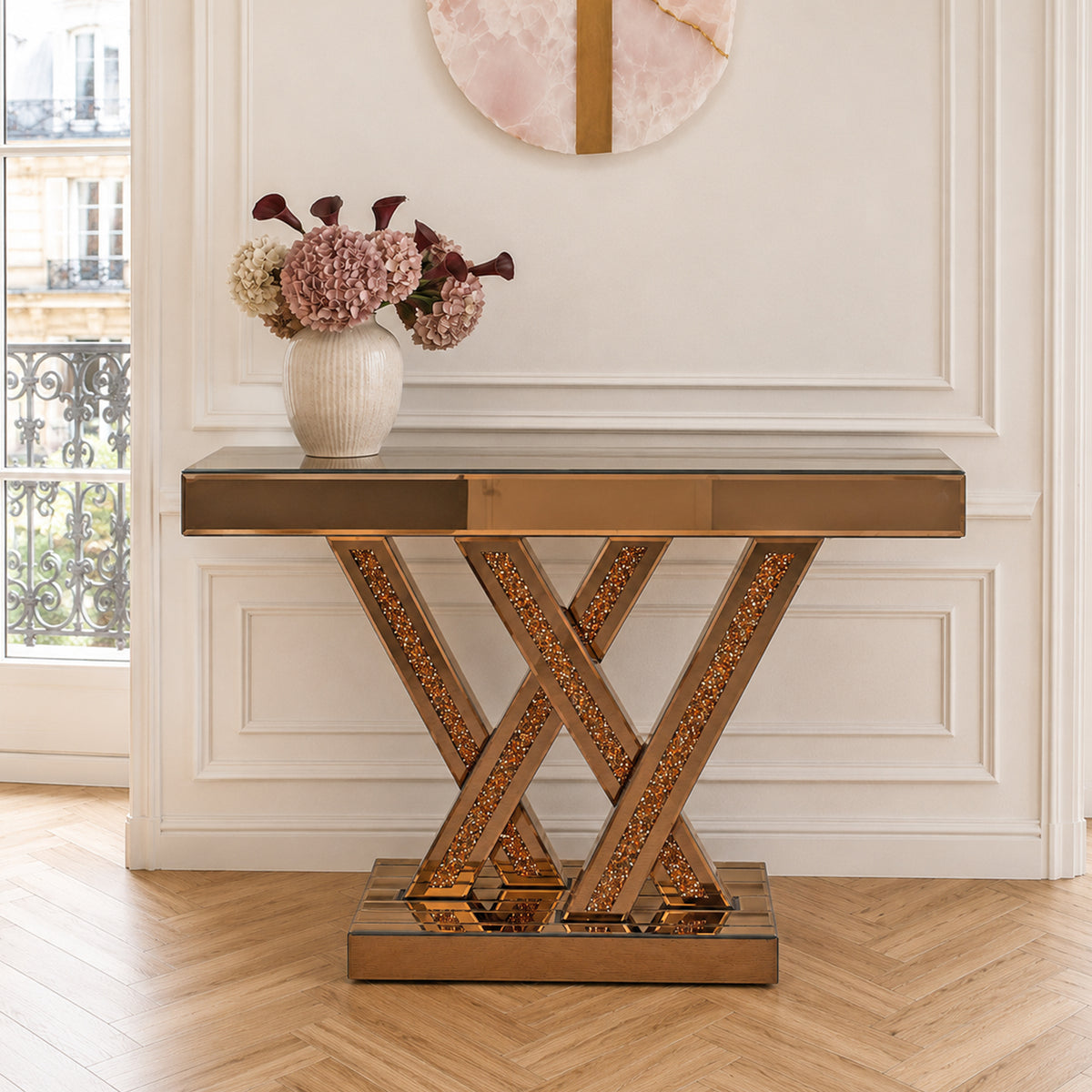 Brown Glass Top Entryway Console Table, 35.4 in Wide