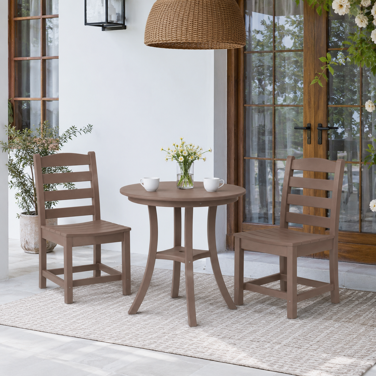 Brown HDPE 3-Piece Bistro Set for 2 with Umbrella Hole