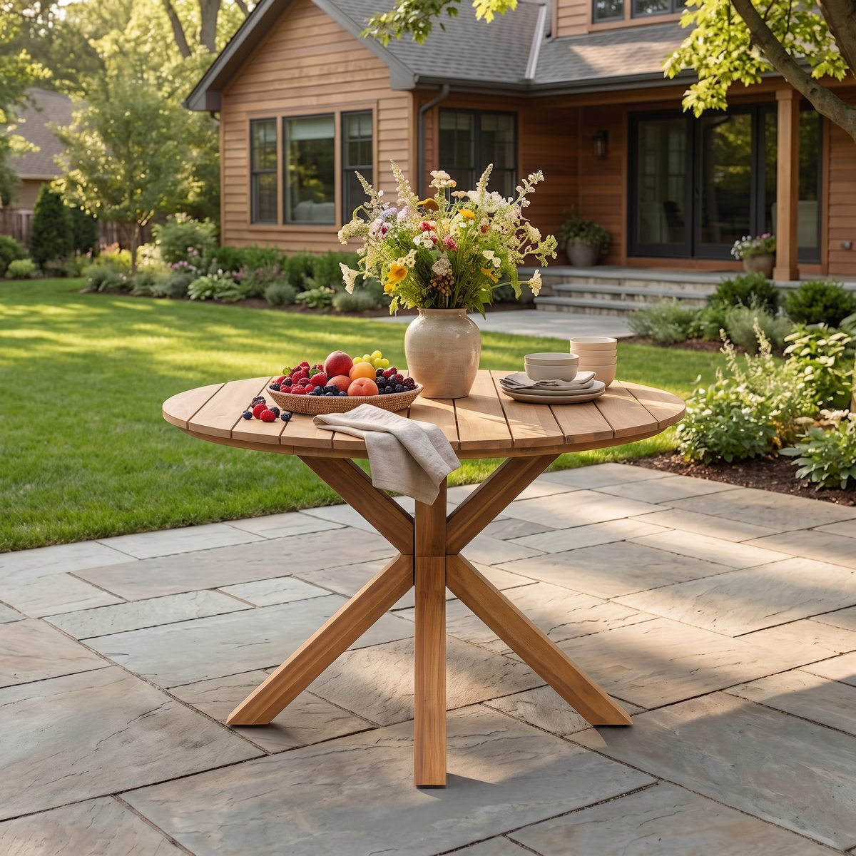Natural Solid Wood Round Outdoor Dining Table, 44.5 in Wide