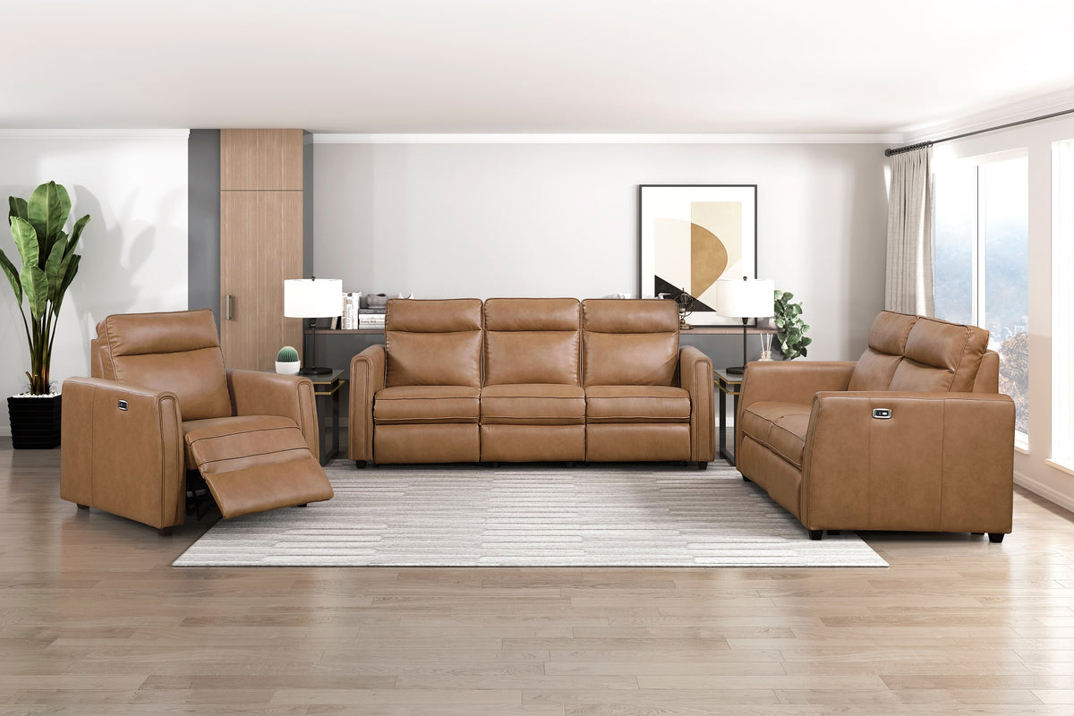 Brown Vegan Leather Power 3-Piece Reclining Set, Rounded Track Arms