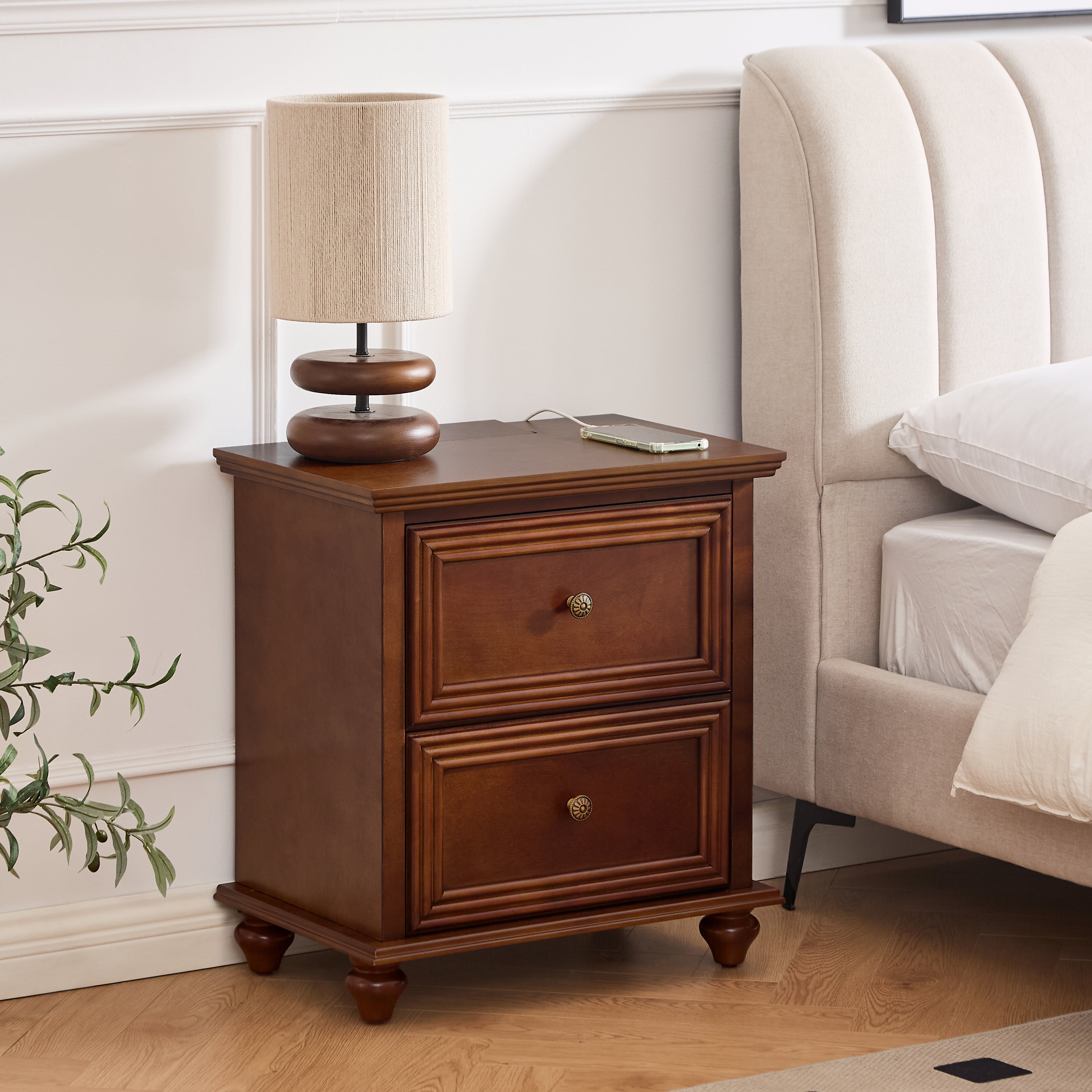 Mid Century 2-Drawer Nightstand with Charging Station, Walnut