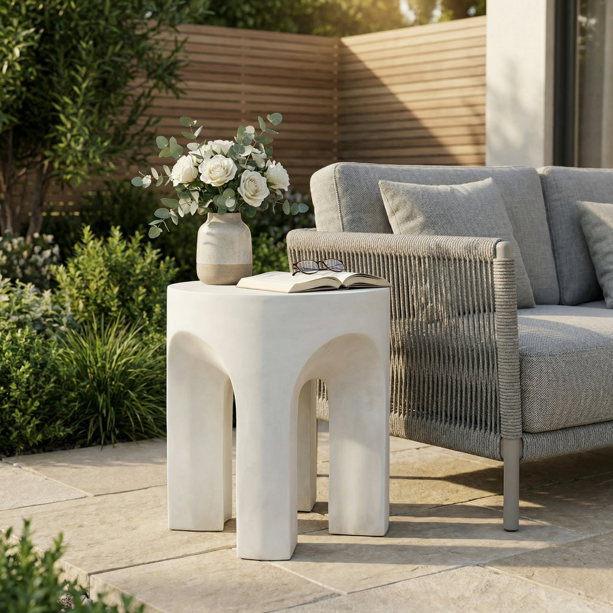 White Concrete Round Outdoor Side Table