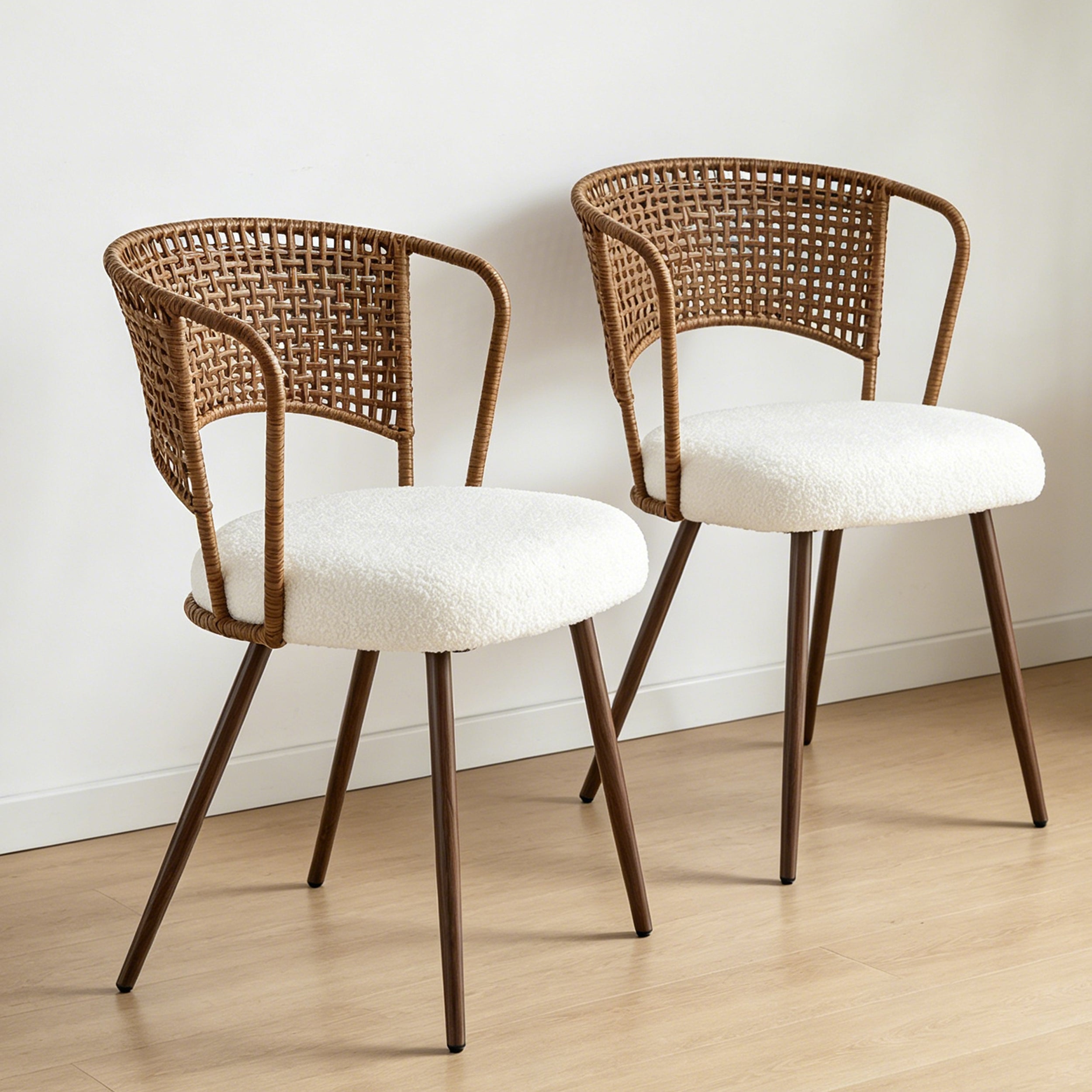 Wicker Dining Chairs Set of 2, Cream Boucle Seat + Metal Legs