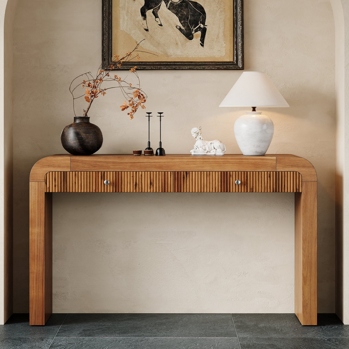 Brown Fluted Entryway Console Table with Storage, 54.3 in Wide
