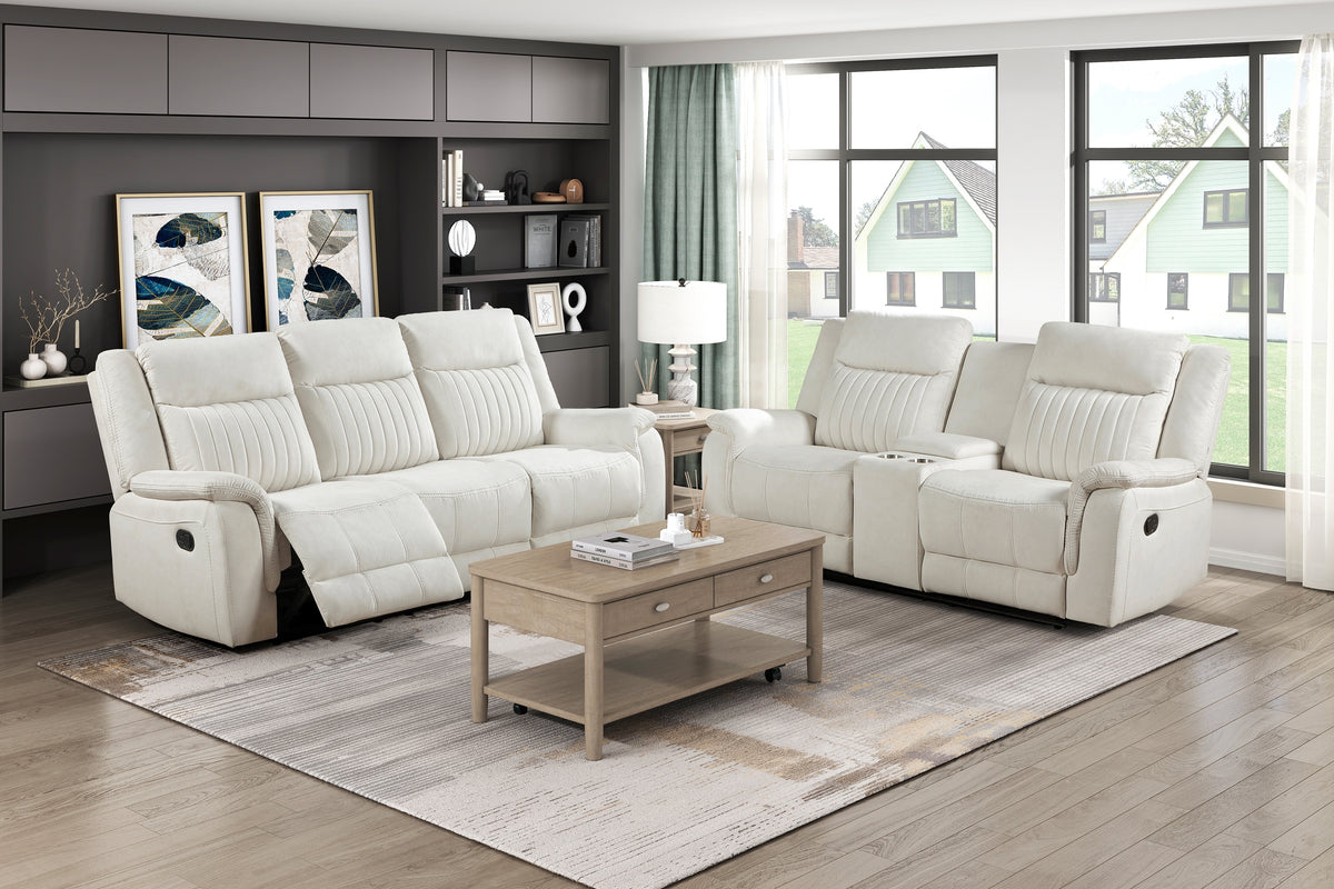 Beige Microfiber Reclining Sofa and Loveseat Set