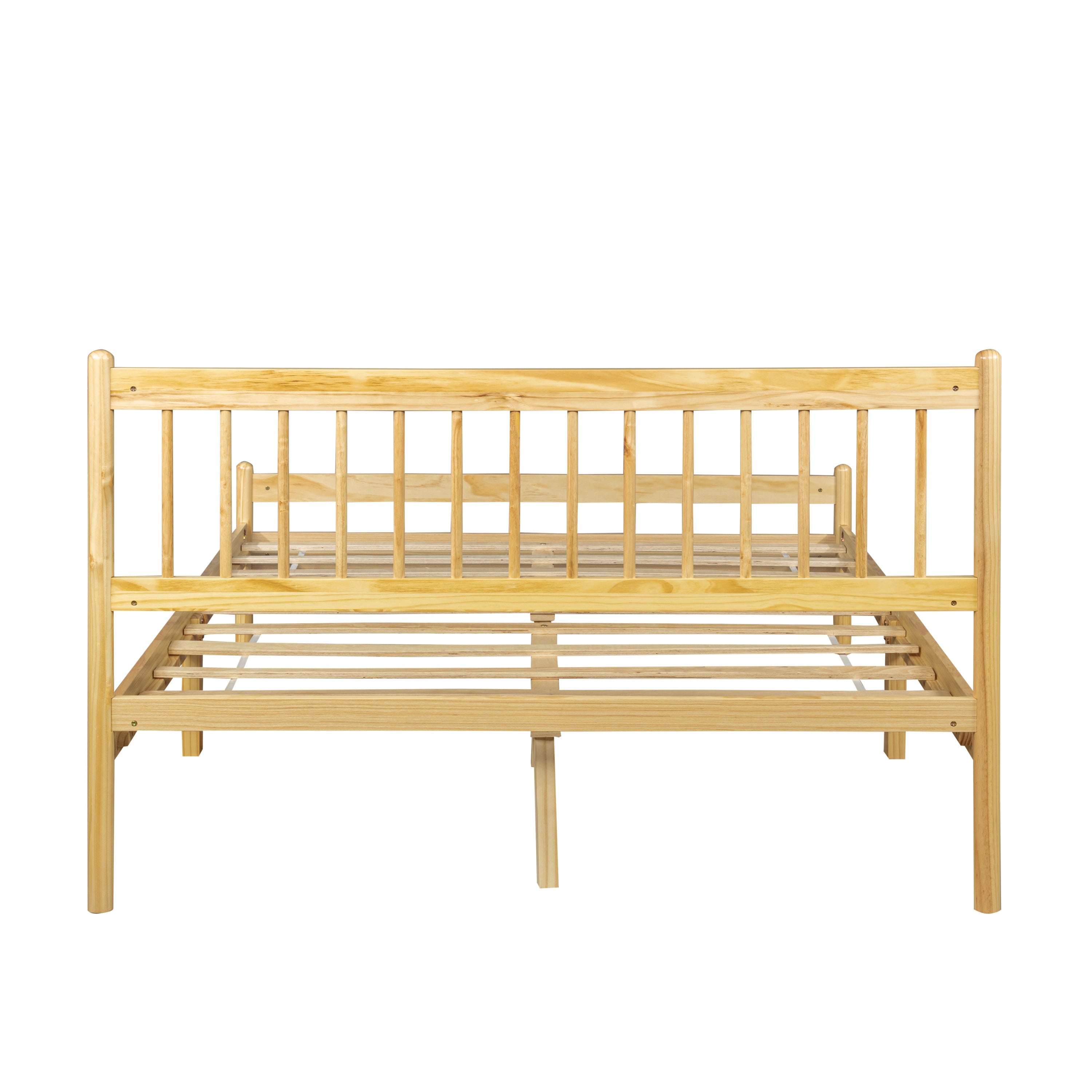 Front-on view of the natural pine bed frame with spindle headboard and footboard #Color_Natural