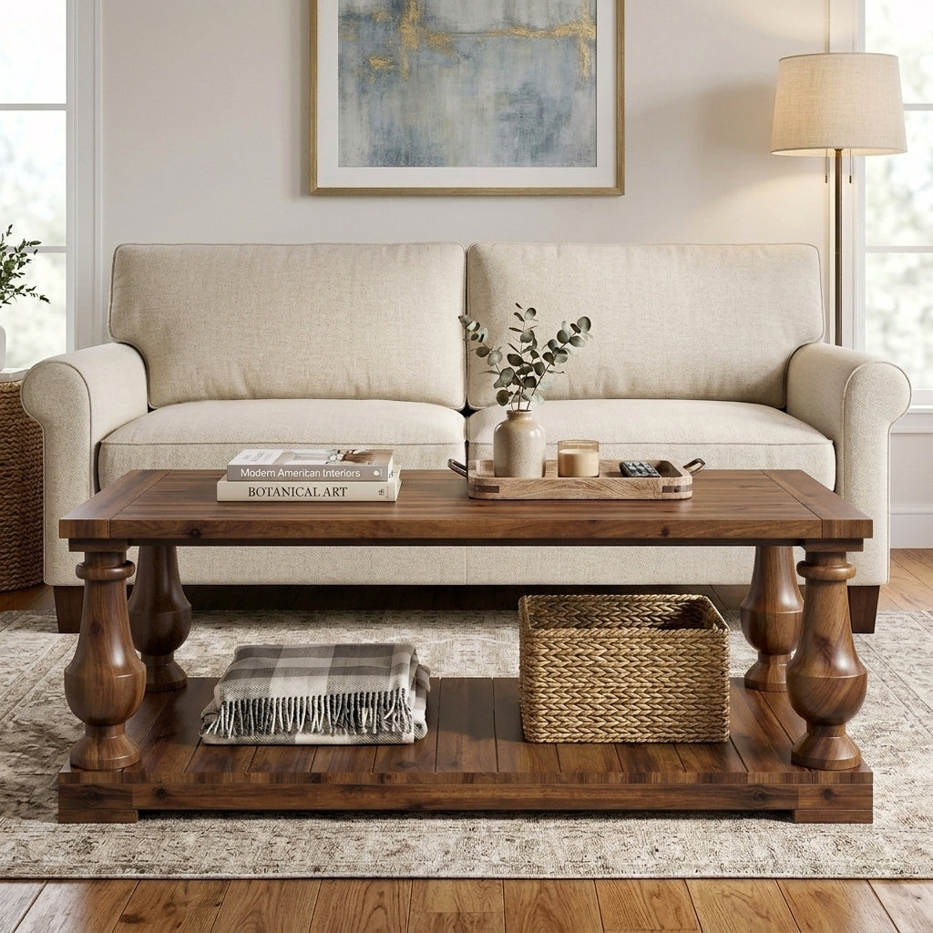 Walnut Solid Wood Coffee Table with Storage, 42 in