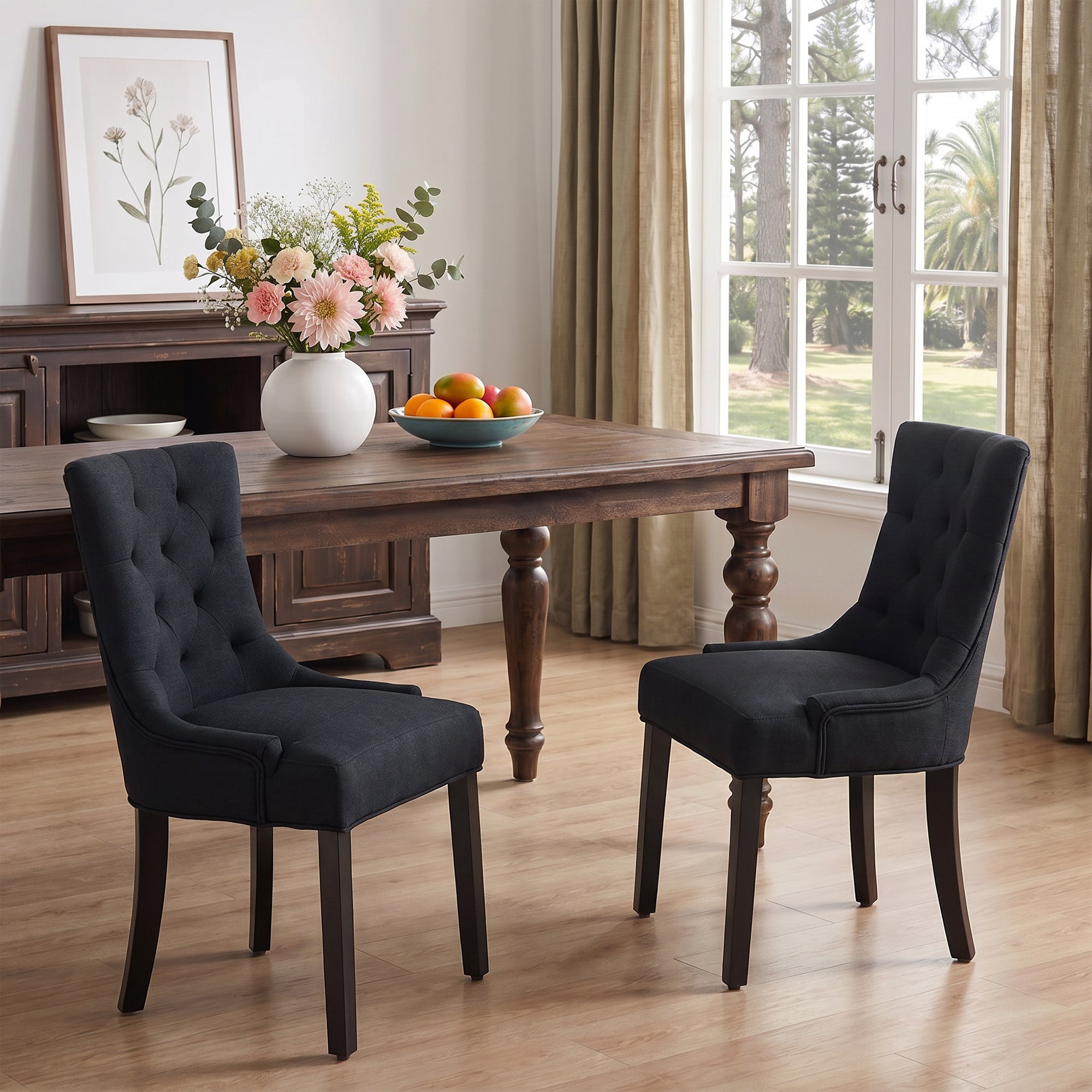 Tufted Linen Dining Chairs Set of 2, Black Wingback with Wood Legs