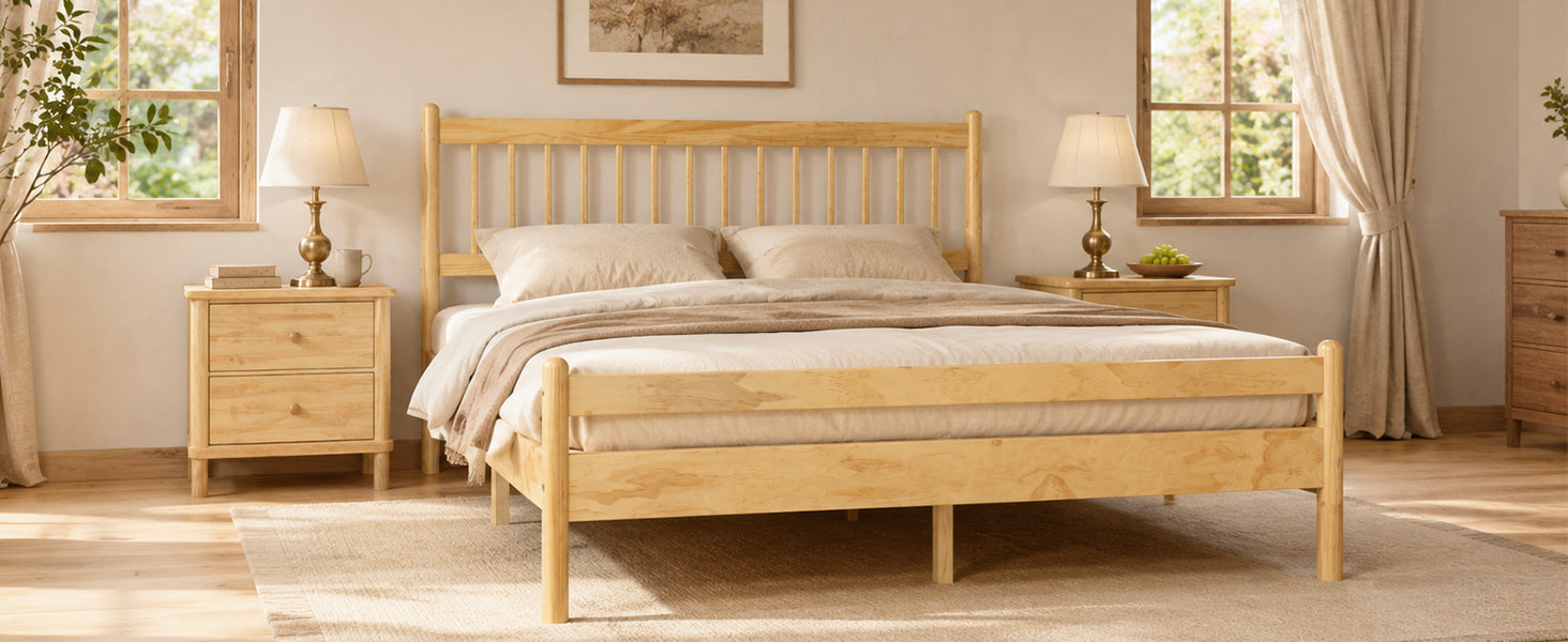 Angled sunlit bedroom view of the natural pine bed with cream bedding and pine nightstands #Color_Natural