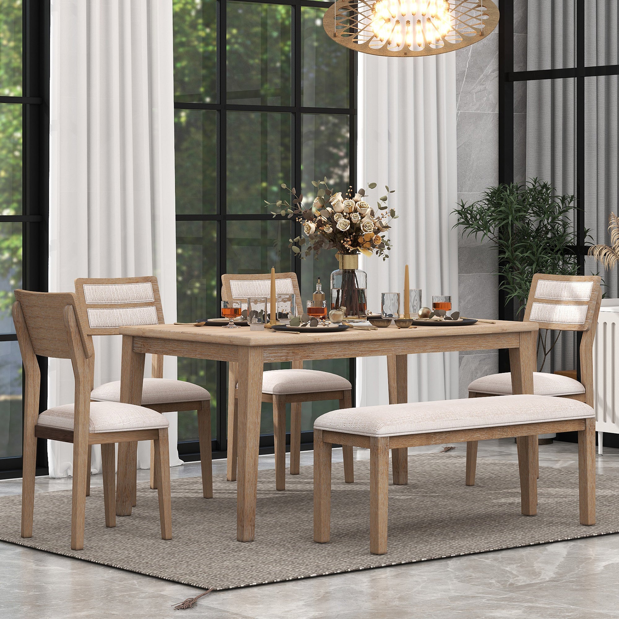 6-Piece Dining Set with Bench, Natural Wood Table and 4 Chairs