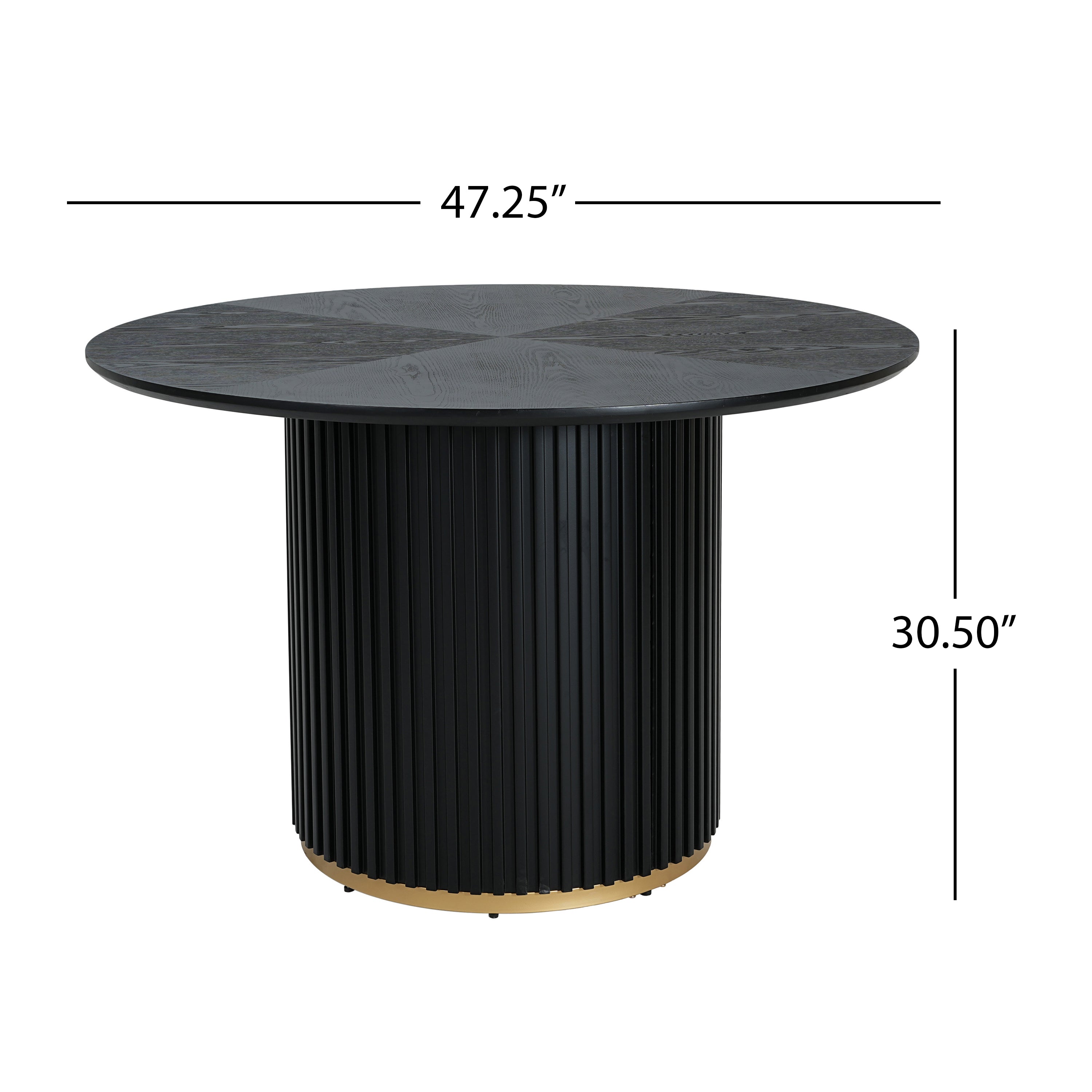 Dimension diagram of the black round pedestal table, 47.25 inch top and 30.50 inch height