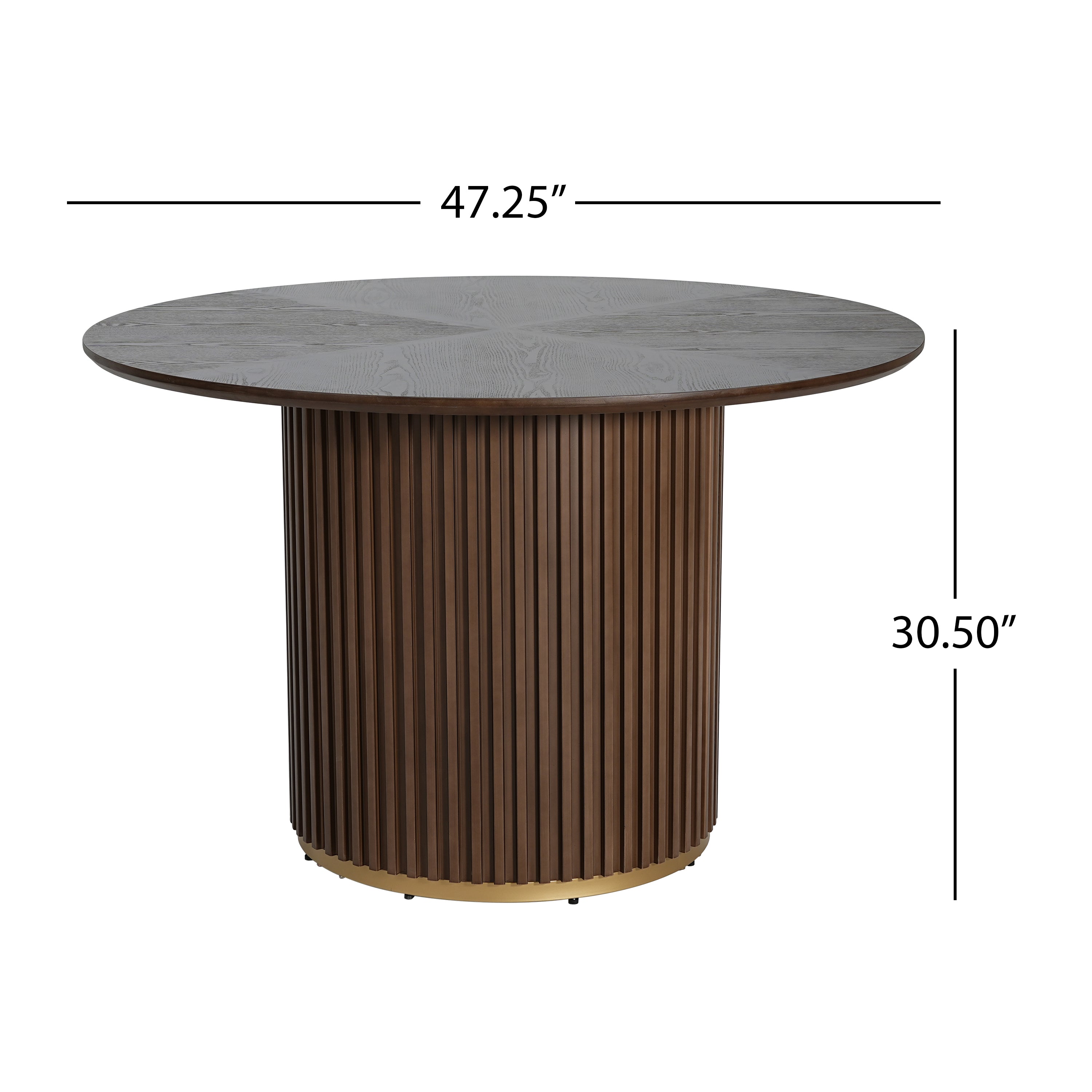 Dimension diagram of the walnut round pedestal table, 47.25 inch top and 30.50 inch height