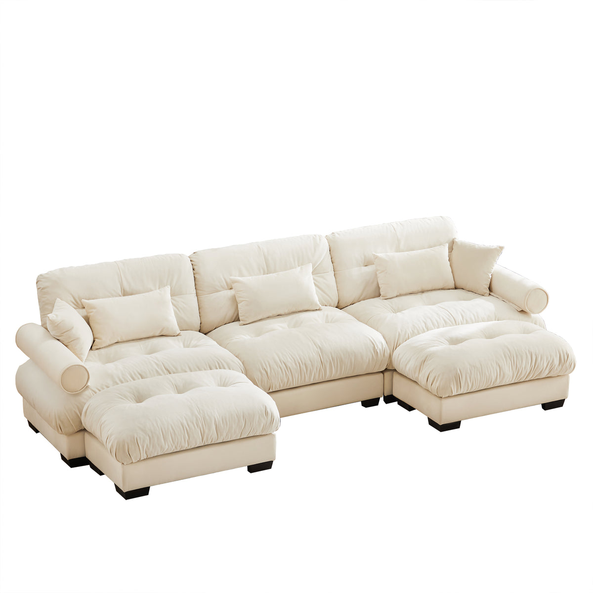 Cream Velvet L-Shaped Modular Sectional Couch with 2 Ottomans