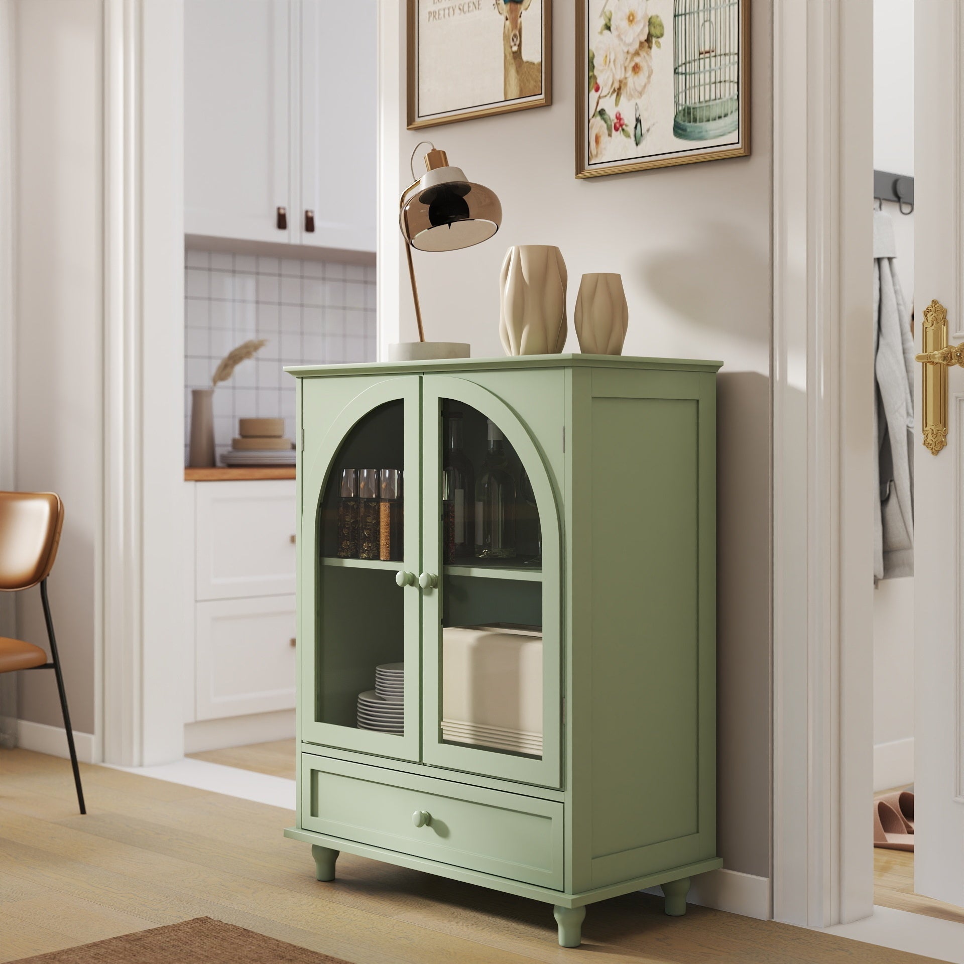 Green Farmhouse Sideboard, Arched Glass Doors & 1 Drawer