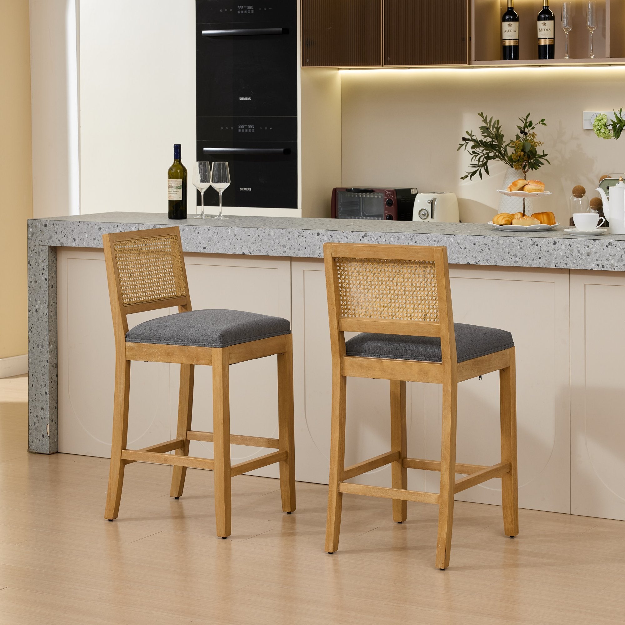 Solid Wood Bar Stool Set of 2, Rattan-Look Back, Gray Linen Seat