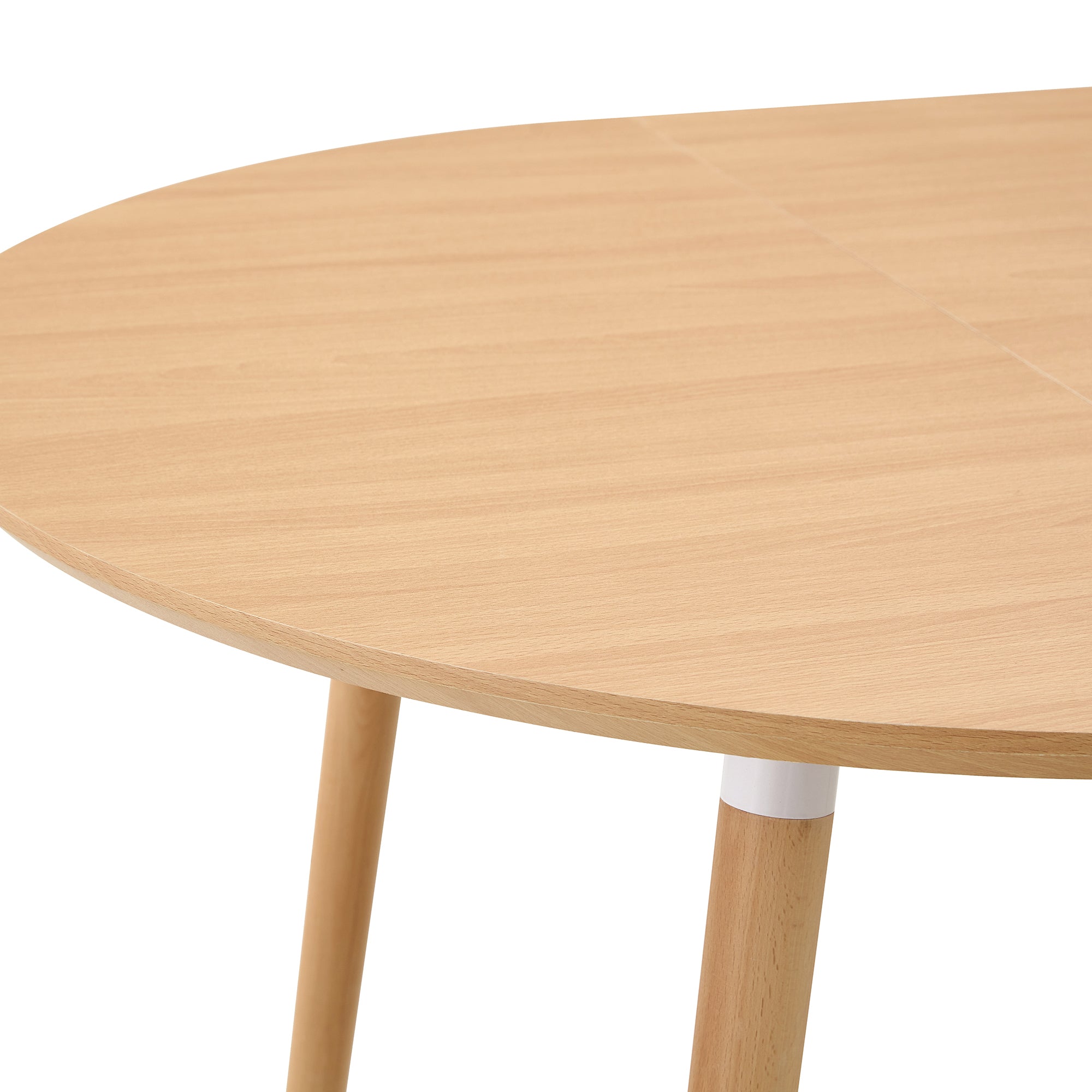 Close-up of the table edge and tapered leg with white collar, plain white background