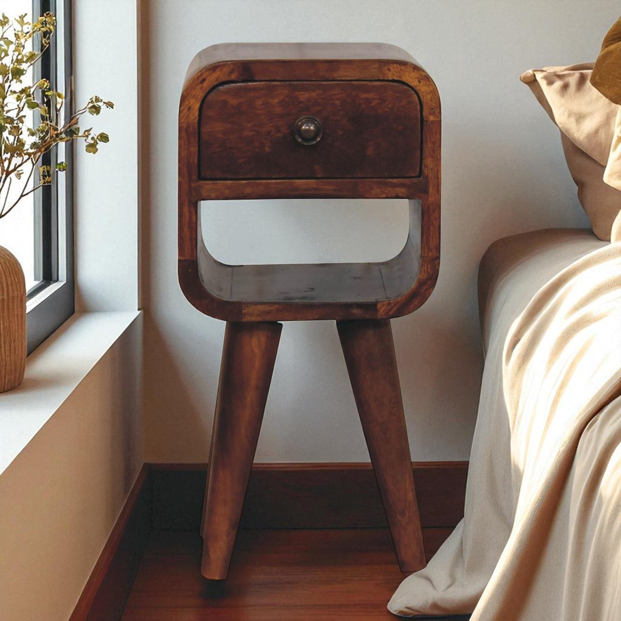 Small Nightstand with Drawer and Nordic Legs, Solid Mango Wood