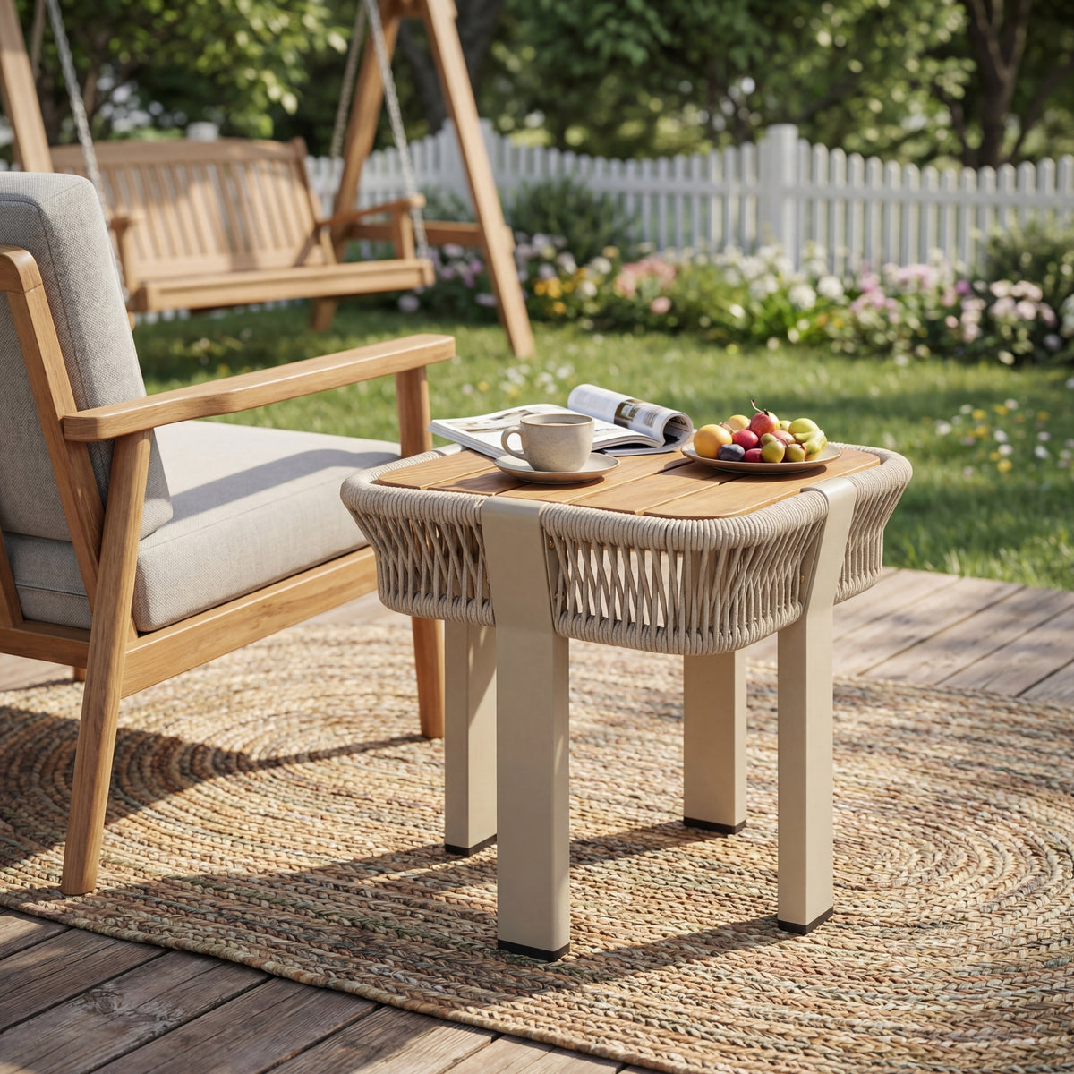 Metal Square Outdoor Side Table, Acacia Wood Top