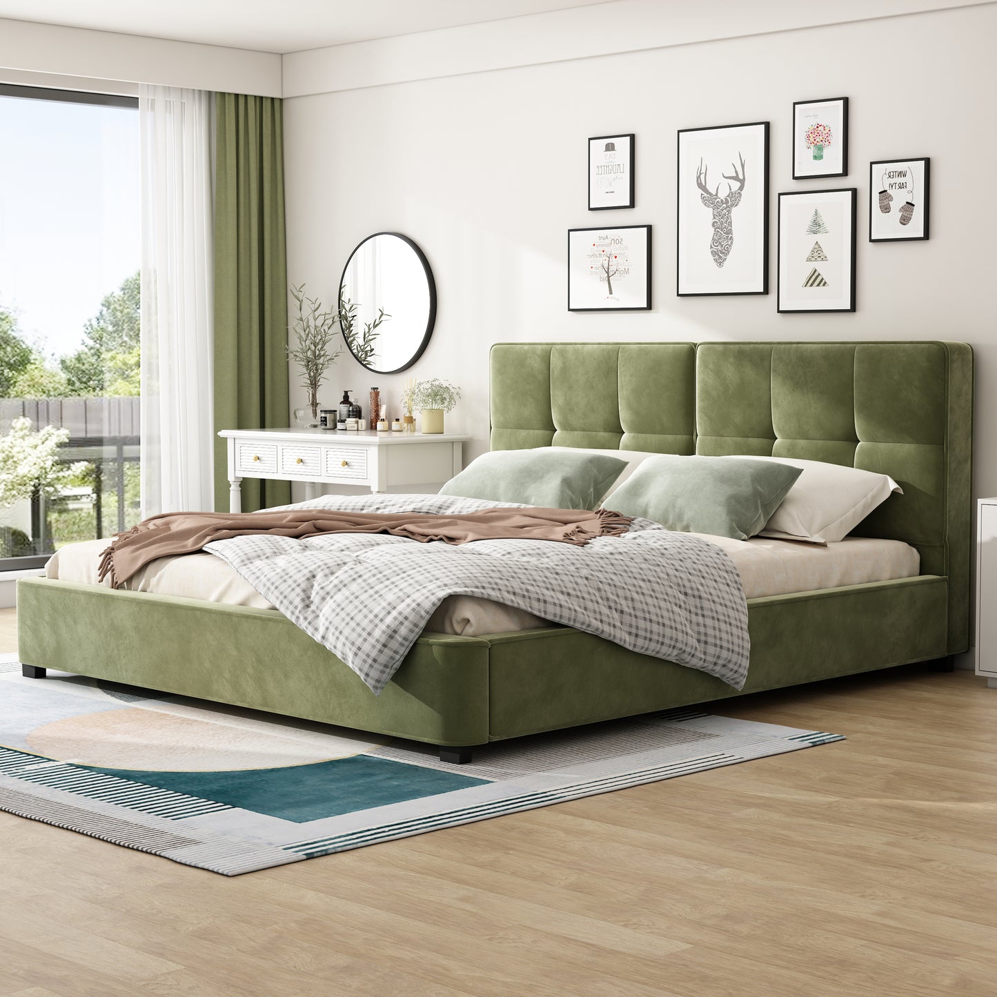 Olive green velvet king bed frame with tufted headboard in a bright bedroom