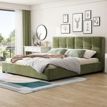 Olive green velvet king bed frame with tufted headboard in a bright bedroom