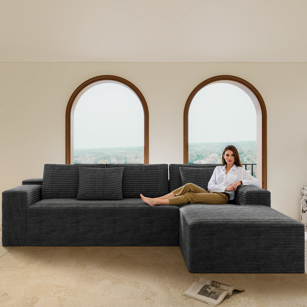 Gray Corduroy Modular Sectional, Spring Pack Support, Right-Facing