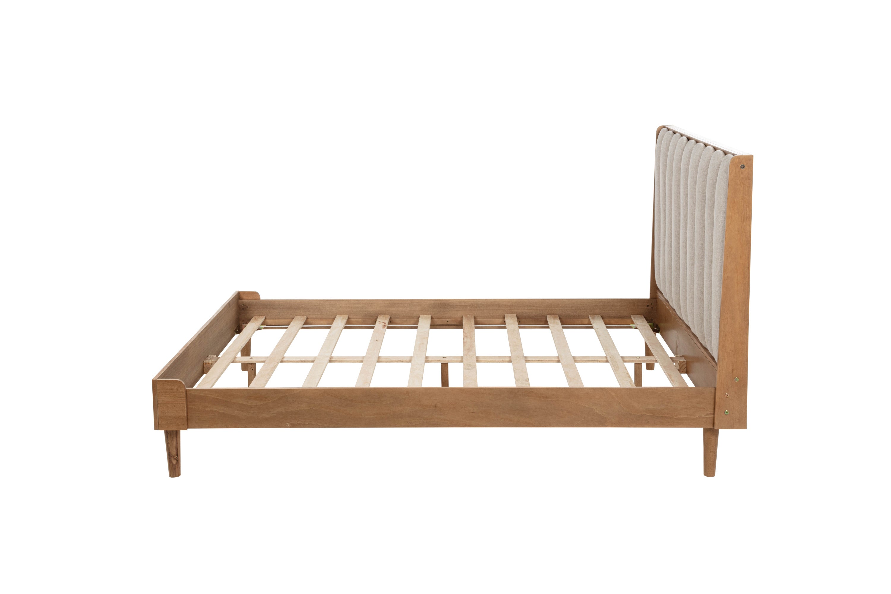Opposite side profile of the bare wood platform frame with slats and a central lengthwise support