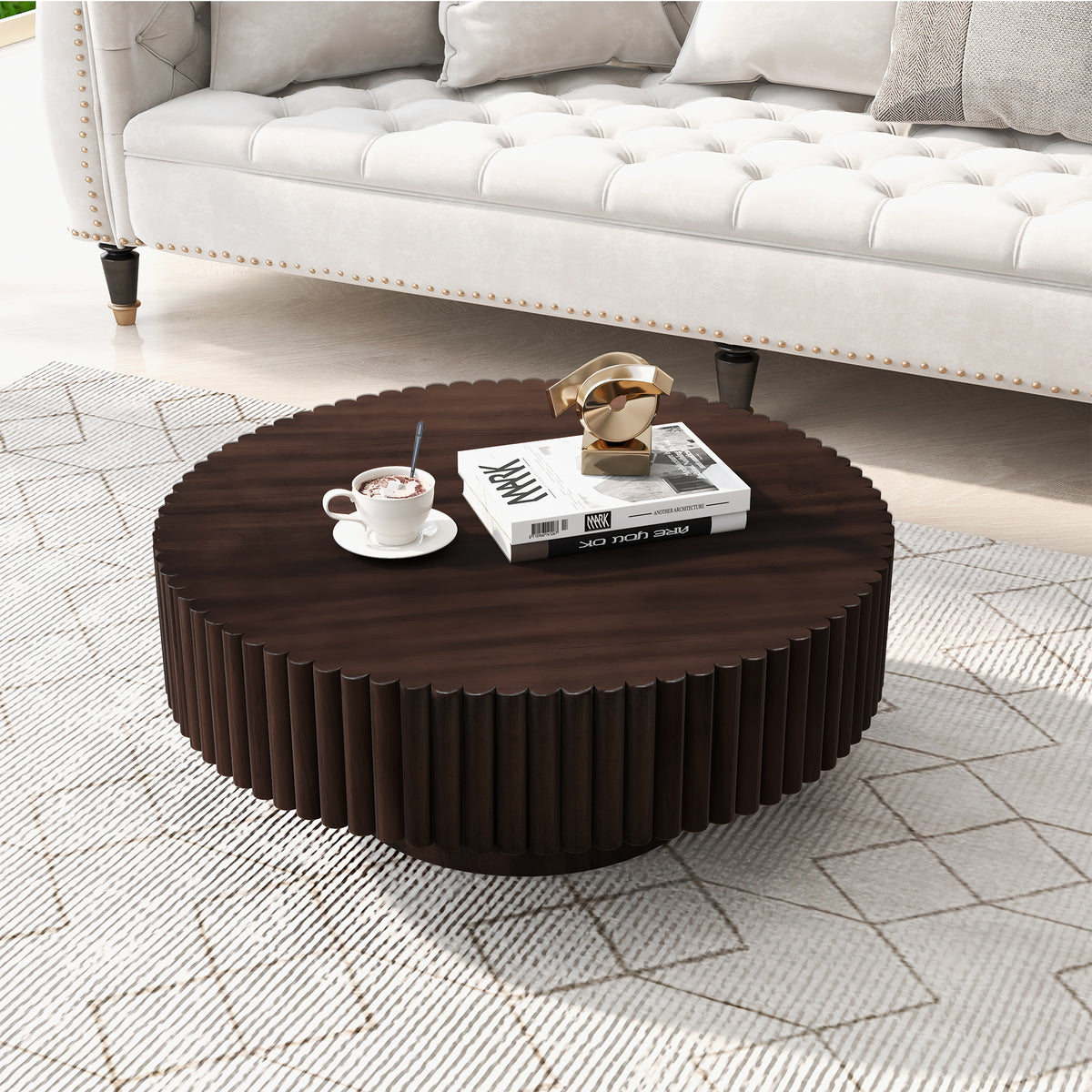 Espresso Round Fluted Coffee Table, 31.5 in