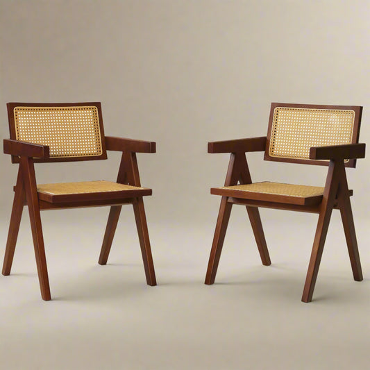 Rattan Dining Chairs – Set of 2, Solid Wood & Walnut Stain