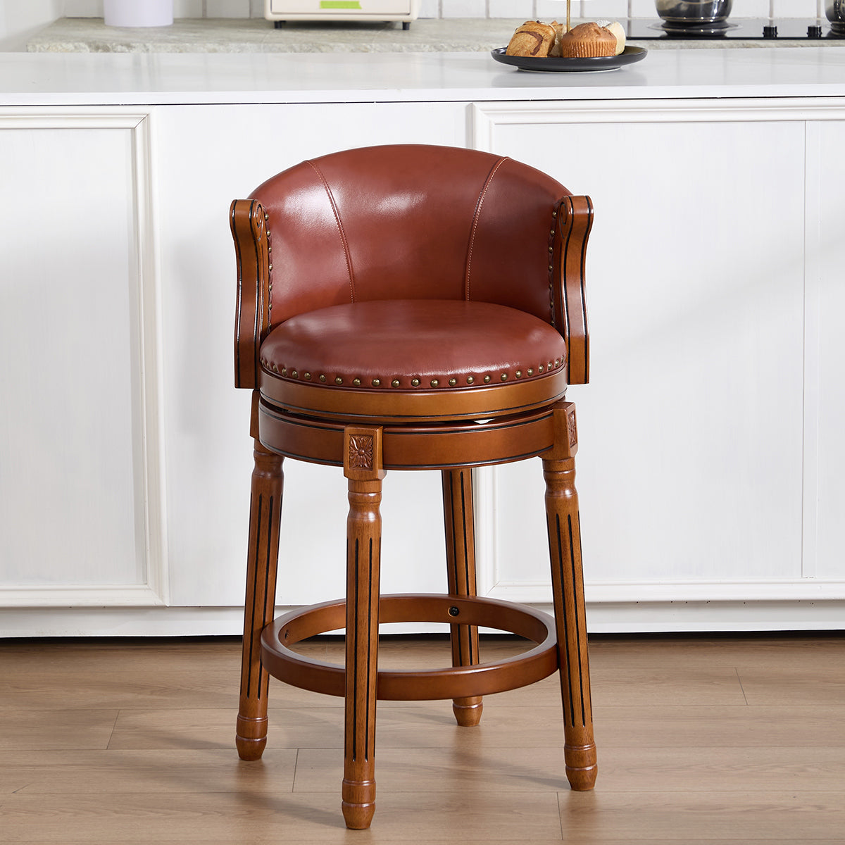 Genuine Leather Swivel Counter Stool, Brown Seat, Wood Frame