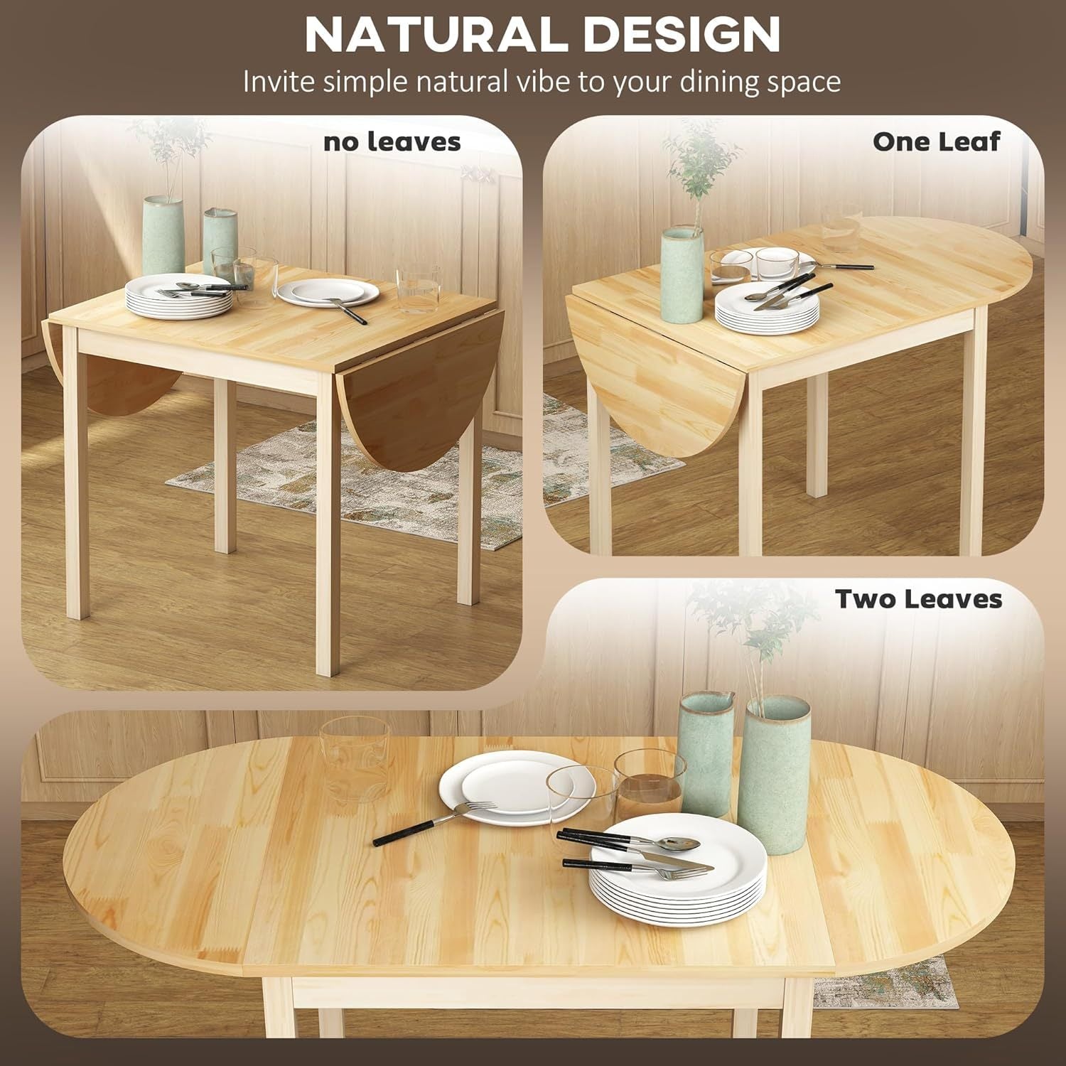 Feature graphic showing the pine drop-leaf table with no leaves, one leaf, and two leaves